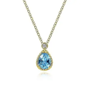 Gabriel & Co. 14K Yellow Gold Pear Shape Blue Topaz Pendant Necklace with Bezel Set Diamond