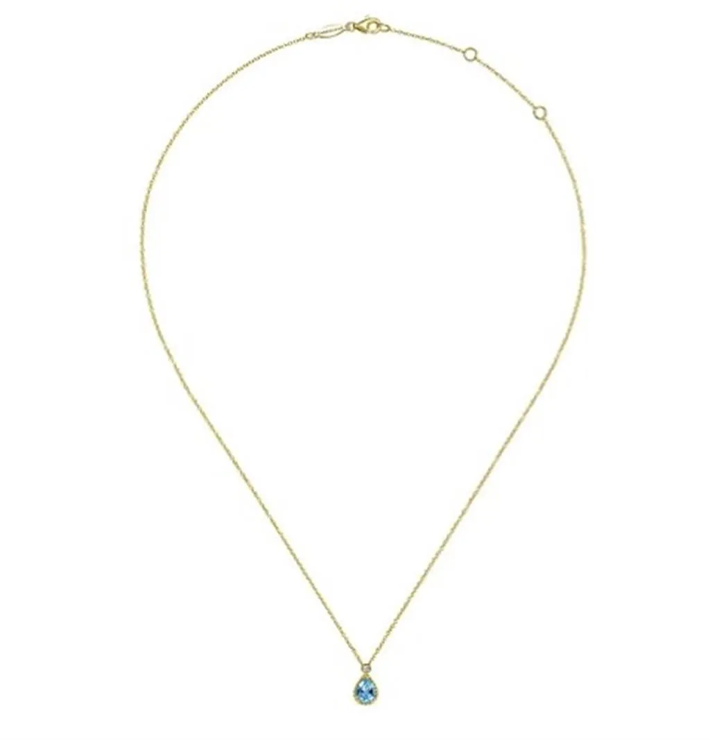 Gabriel & Co. 14K Yellow Gold Pear Shape Blue Topaz Pendant Necklace with Bezel Set Diamond