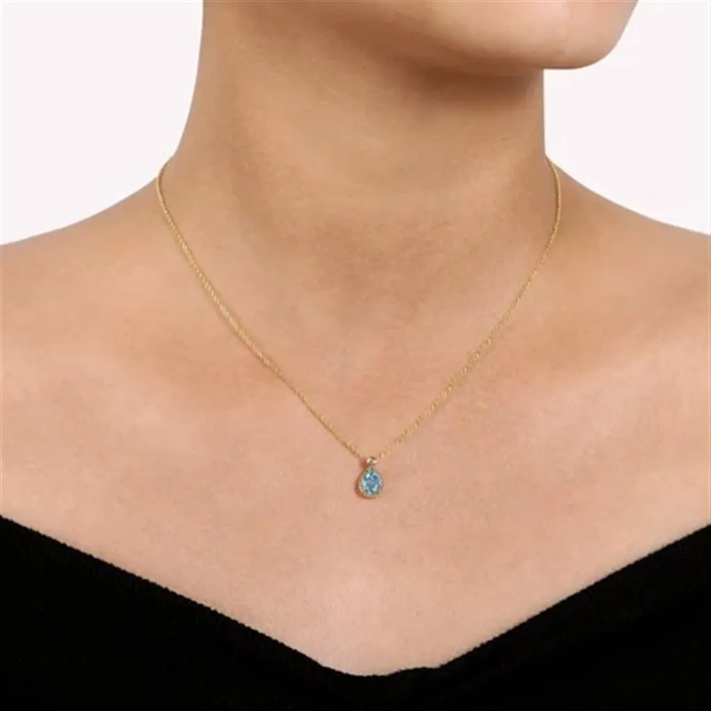 Gabriel & Co. 14K Yellow Gold Pear Shape Blue Topaz Pendant Necklace with Bezel Set Diamond