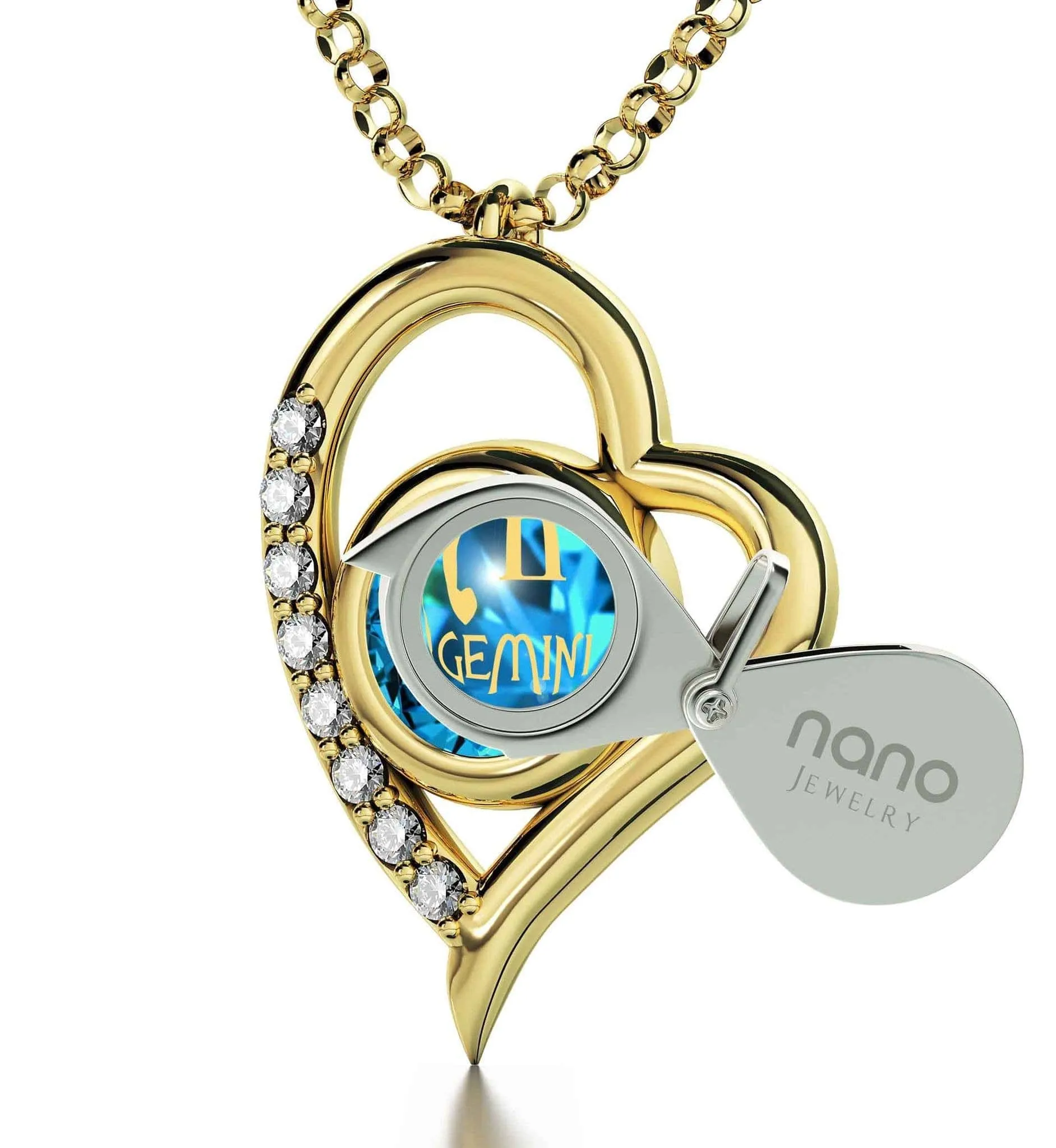 Gemini Sign, 14k Gold Diamonds Necklace, Swarovski