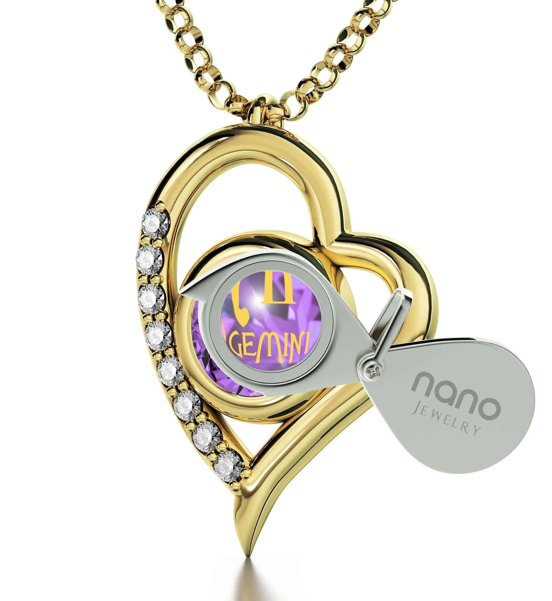 Gemini Sign, 14k Gold Diamonds Necklace, Swarovski