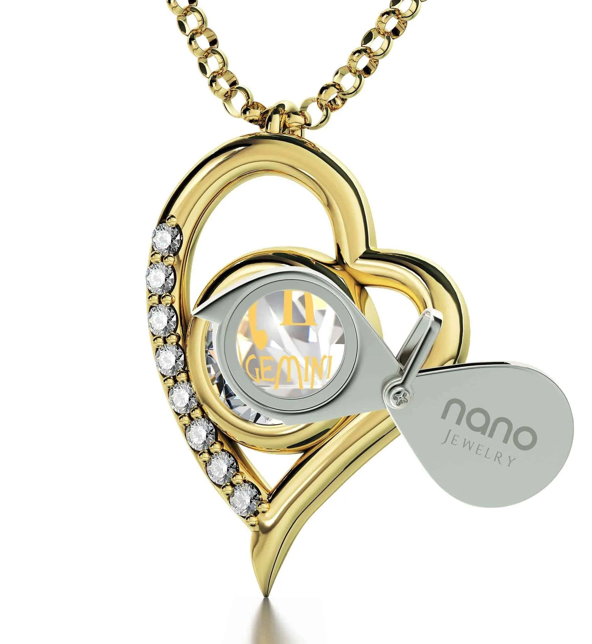 Gemini Sign, 14k Gold Diamonds Necklace, Swarovski