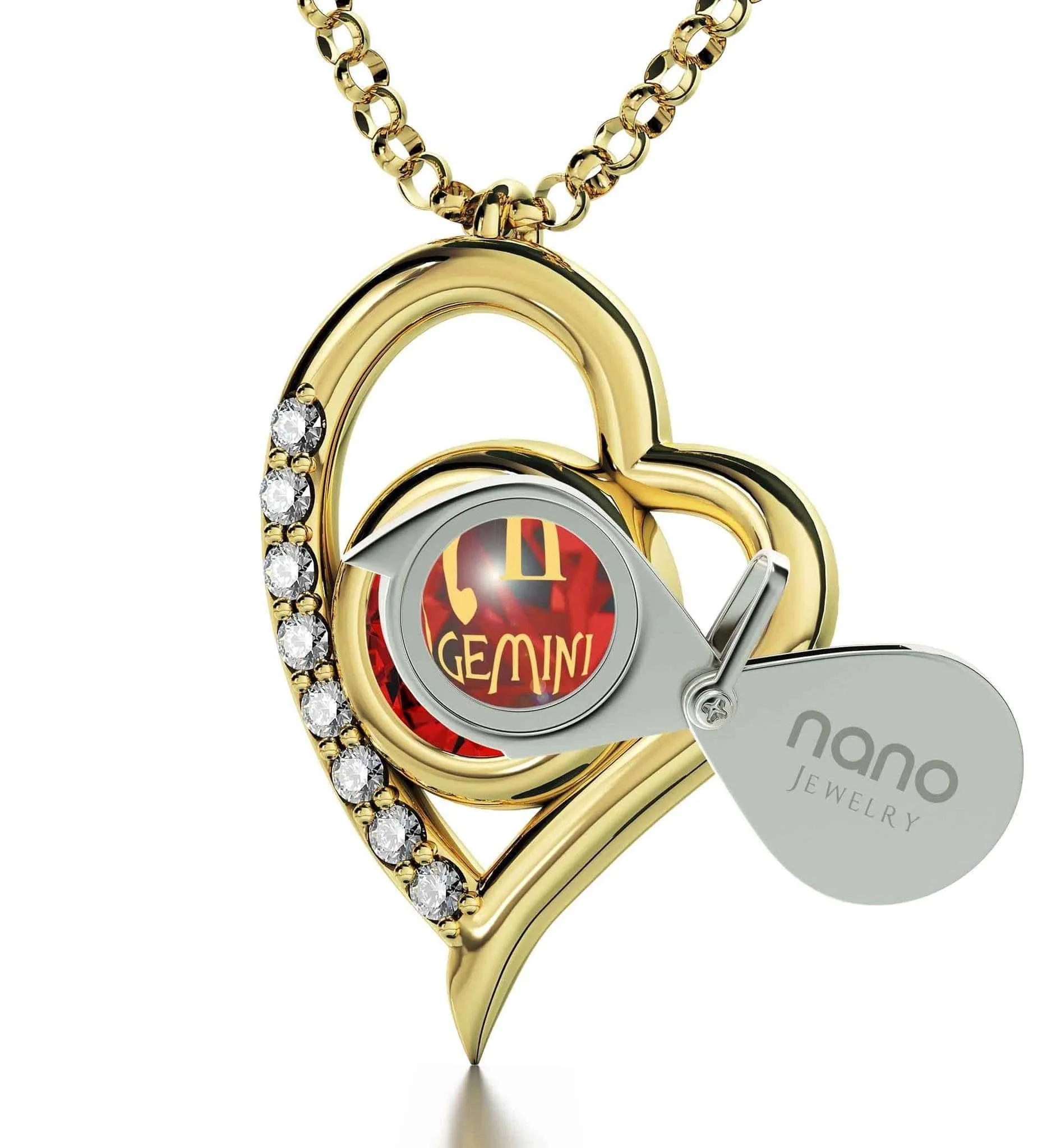 Gemini Sign, 14k Gold Diamonds Necklace, Swarovski