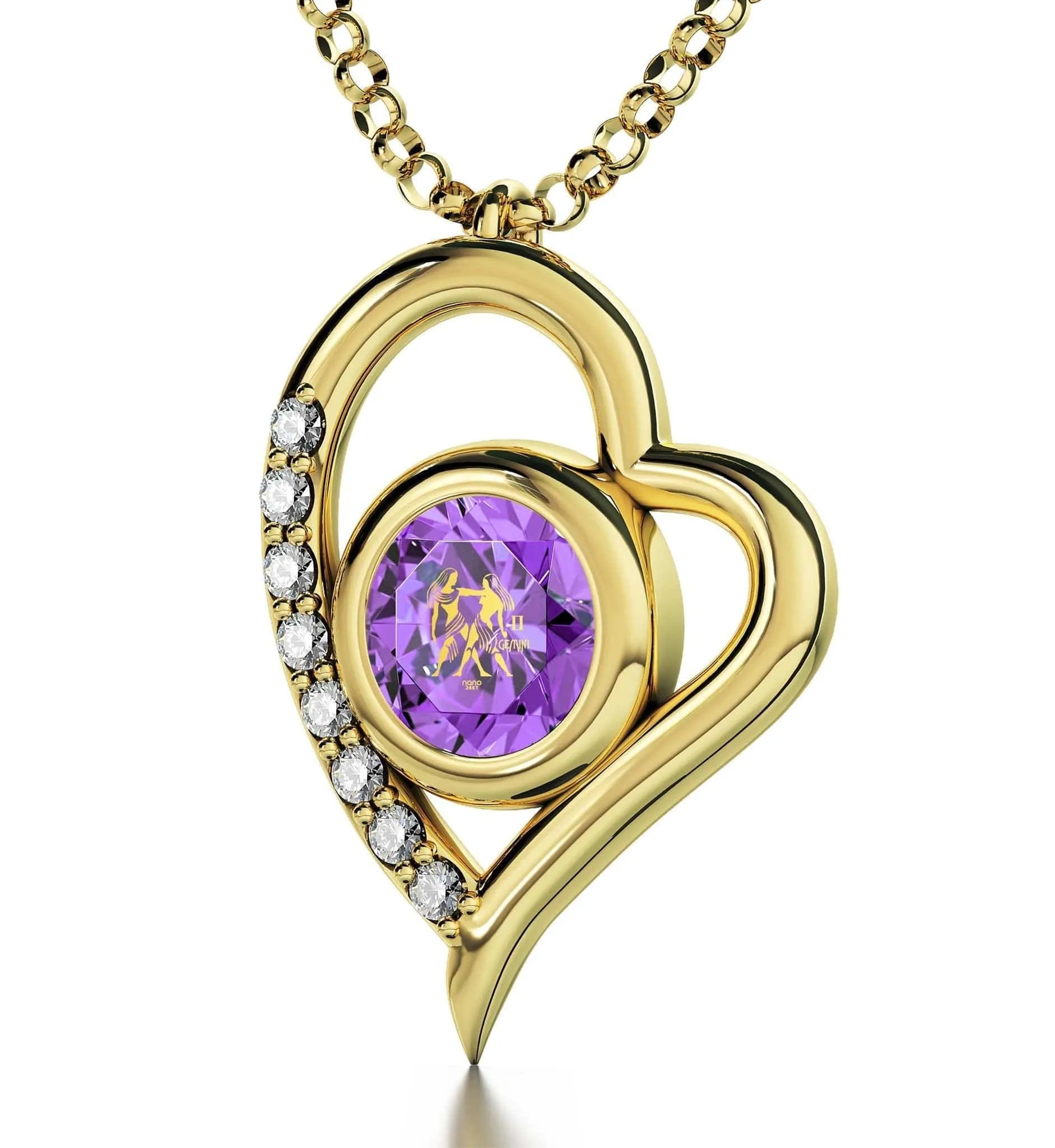 Gemini Sign, 14k Gold Diamonds Necklace, Swarovski