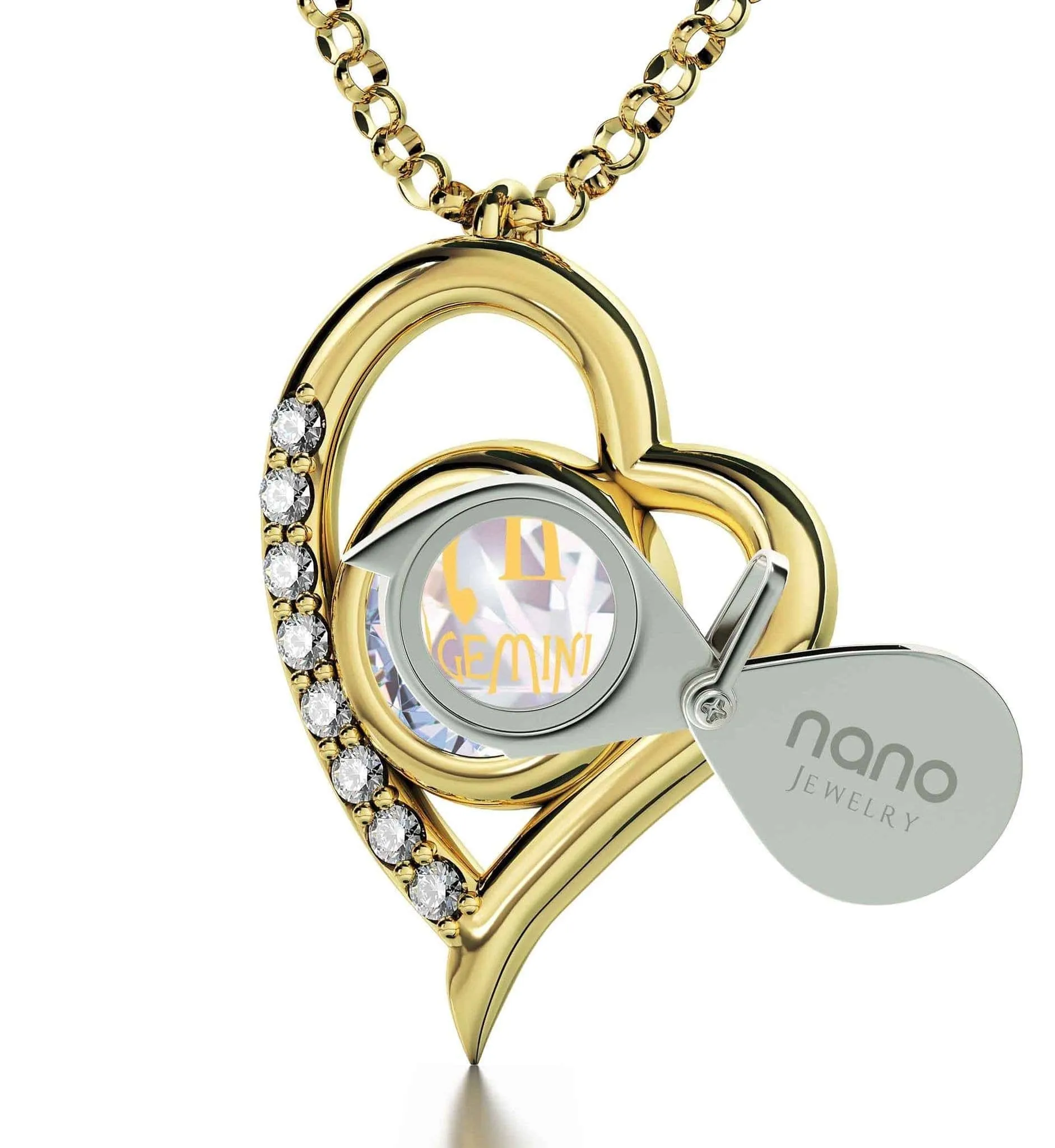 Gemini Sign, 14k Gold Diamonds Necklace, Swarovski