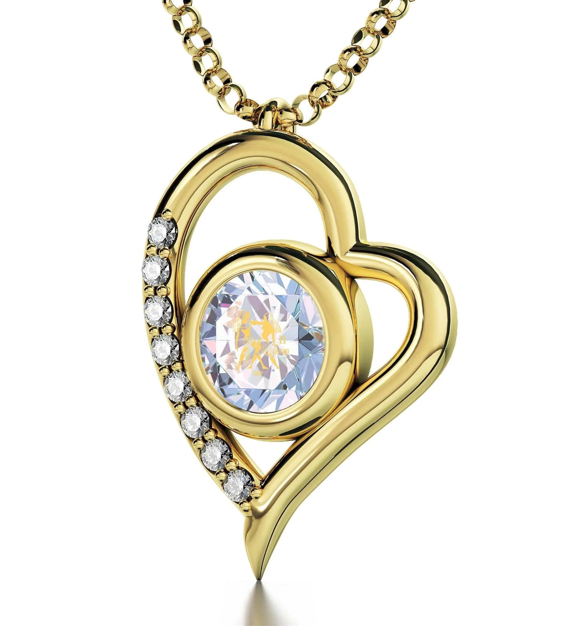 Gemini Sign, 14k Gold Diamonds Necklace, Swarovski