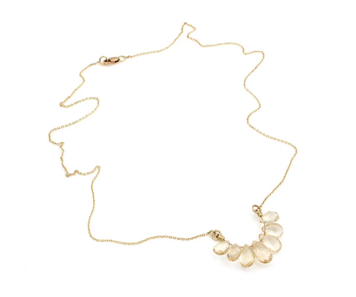 Genuine Yellow Aquamarine Briolette 14k Gold Necklace
