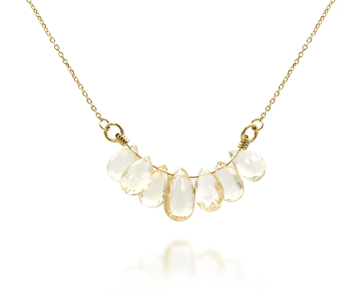 Genuine Yellow Aquamarine Briolette 14k Gold Necklace