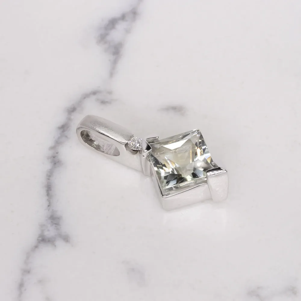 GREEN AMETHYST DIAMOND PENDANT 14k WHITE GOLD PRINCESS CUT PRASIOLITE NECKLACE