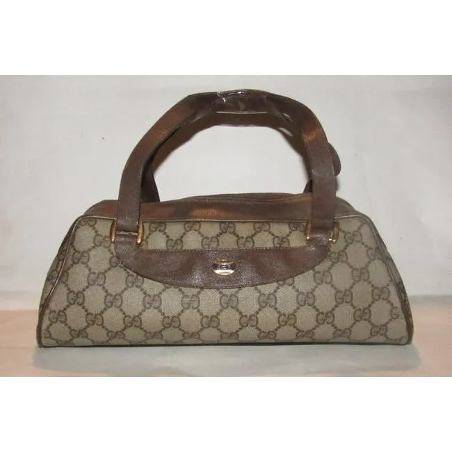 Gucci Vintage Purses Brown Large G Logo Print Coated Canvas And Brown Leather Satchel