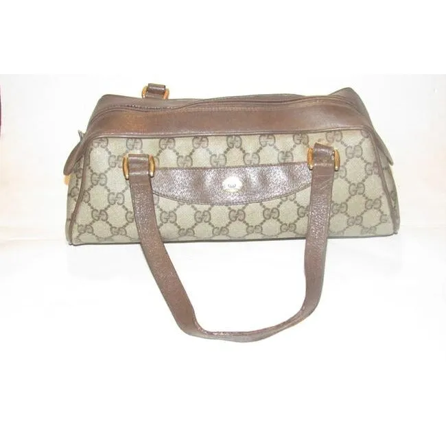 Gucci Vintage Purses Brown Large G Logo Print Coated Canvas And Brown Leather Satchel