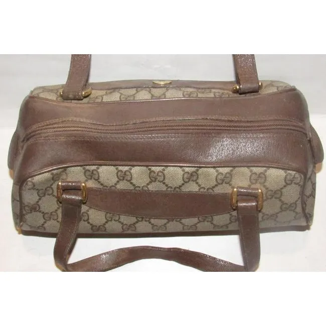 Gucci Vintage Purses Brown Large G Logo Print Coated Canvas And Brown Leather Satchel