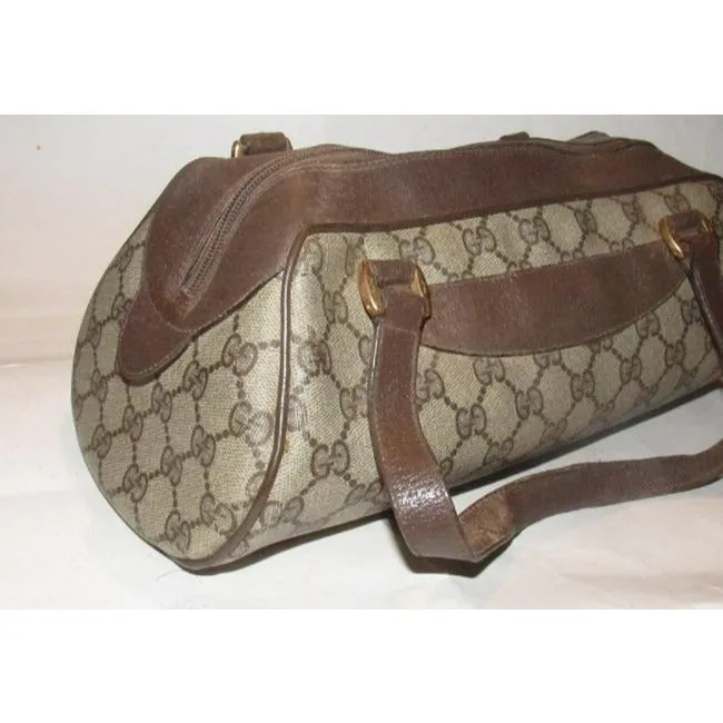 Gucci Vintage Purses Brown Large G Logo Print Coated Canvas And Brown Leather Satchel