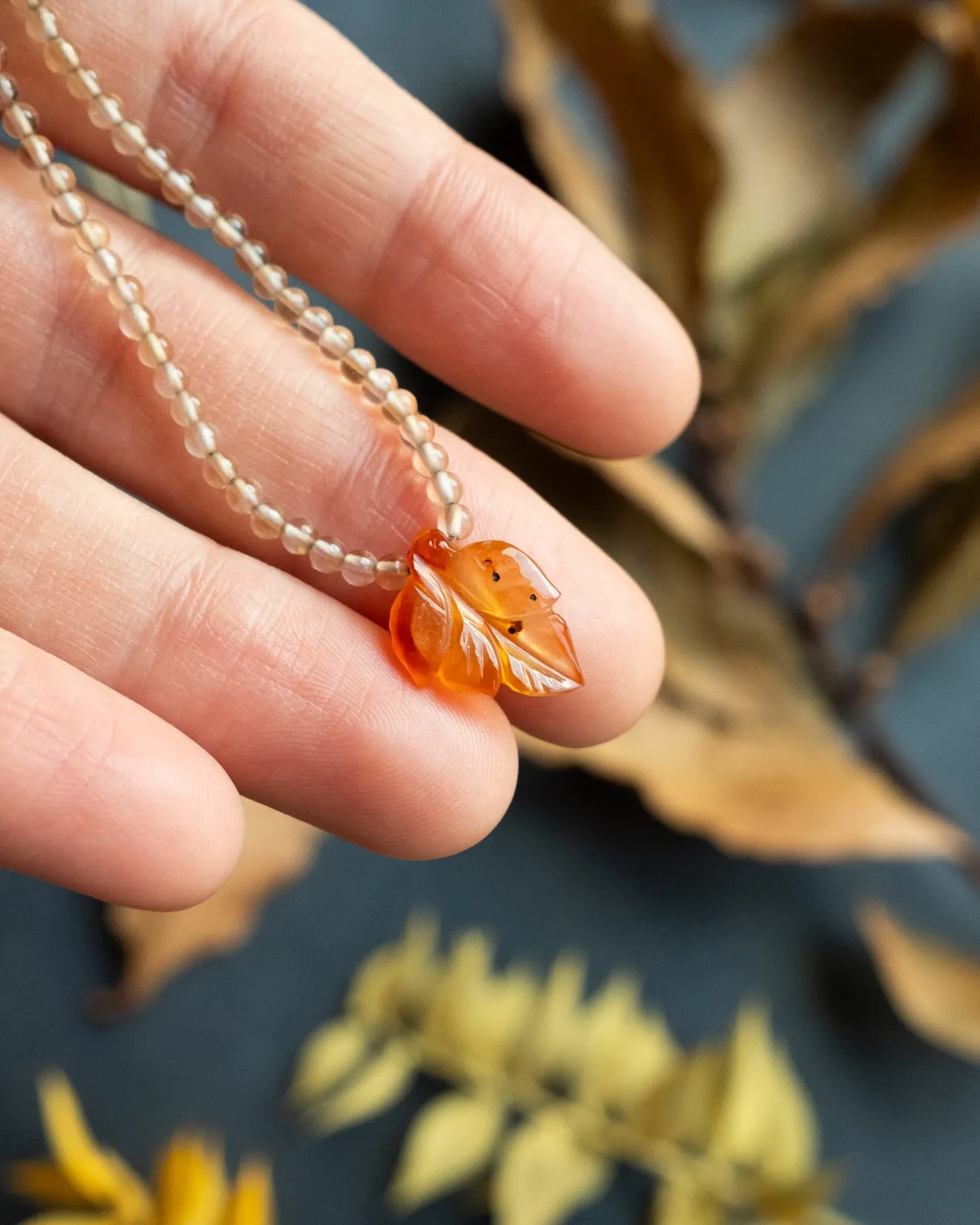 Hand Carved Leaf Beaded Necklace