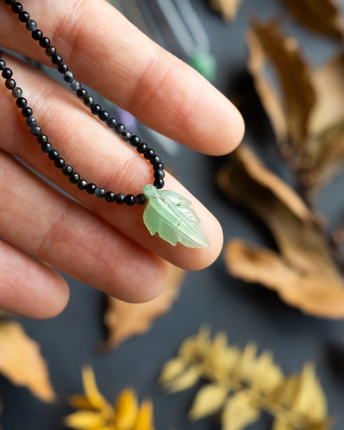 Hand Carved Leaf Beaded Necklace