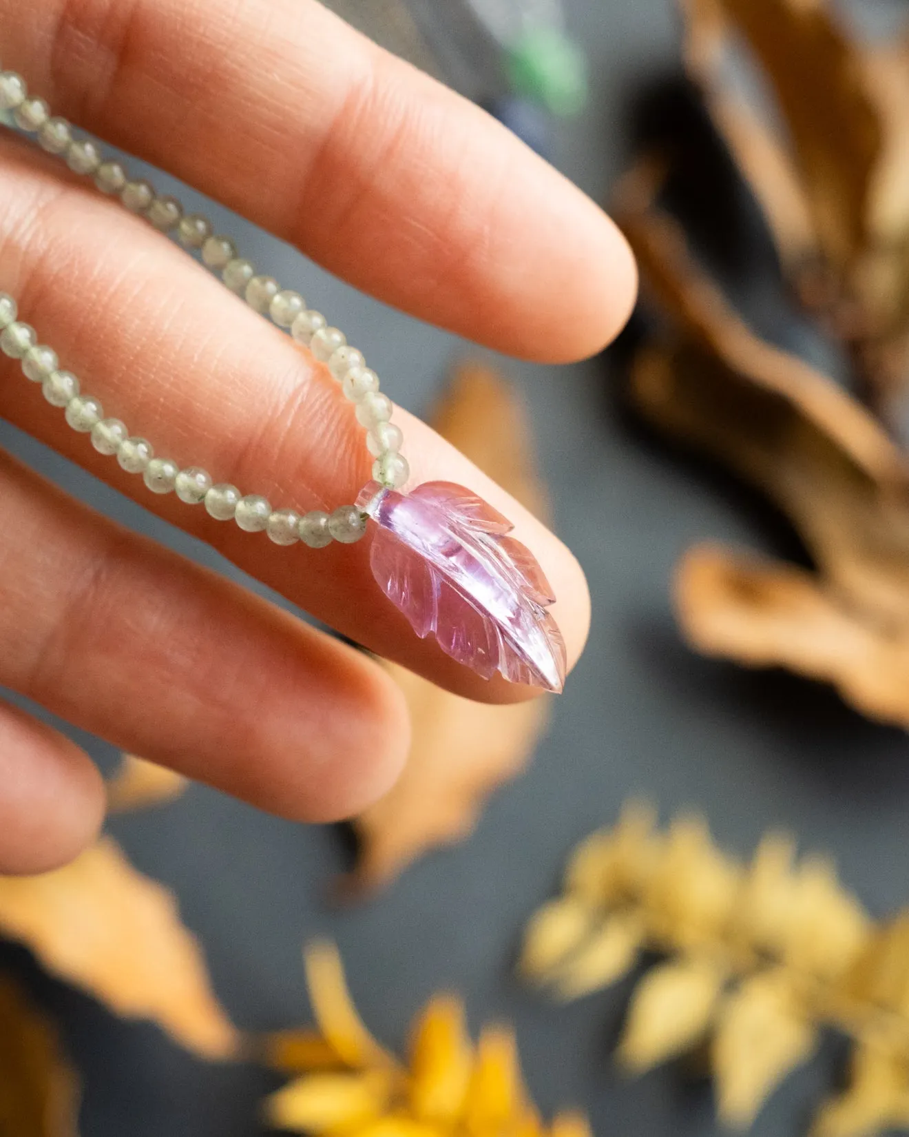 Hand Carved Leaf Beaded Necklace