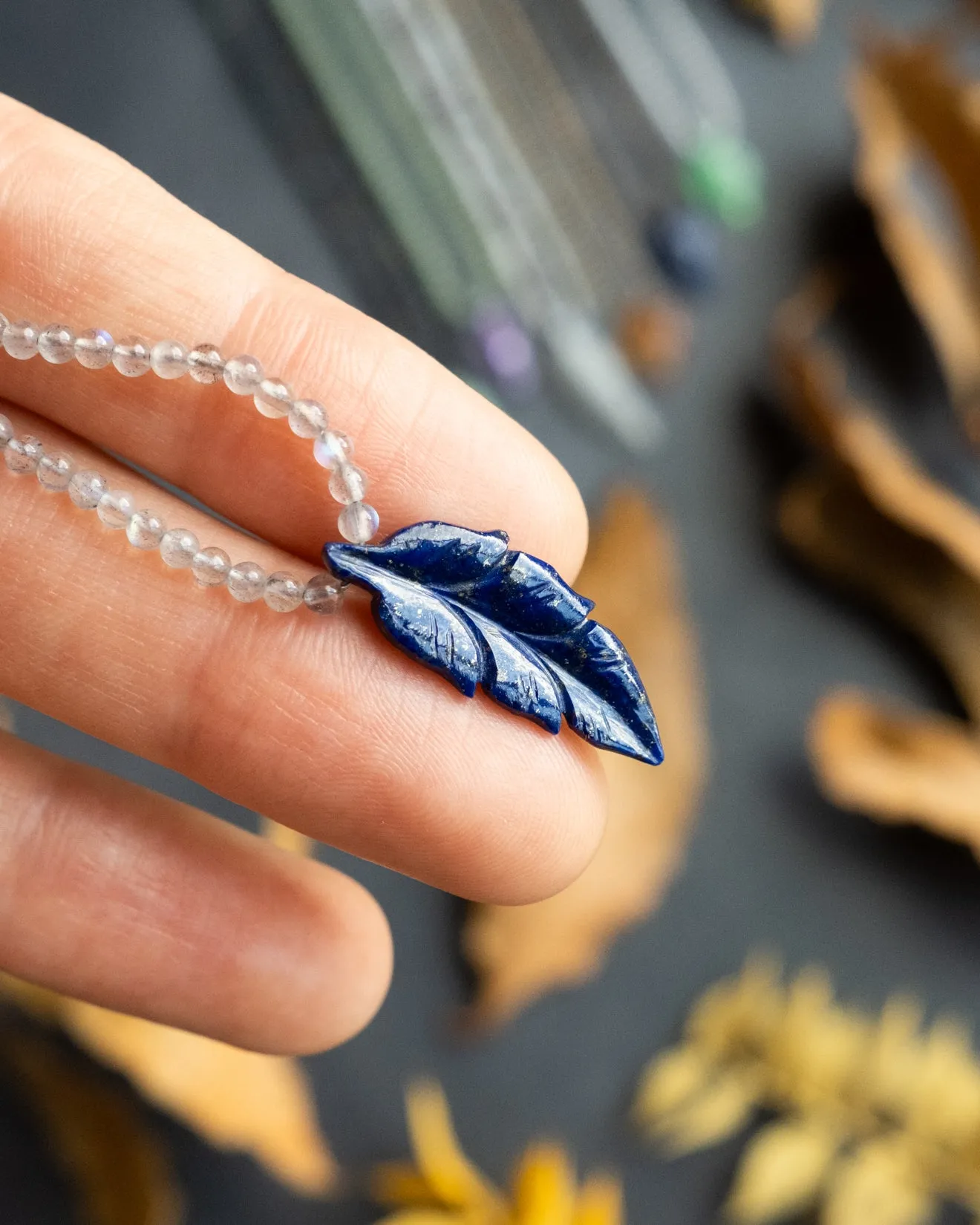Hand Carved Leaf Beaded Necklace