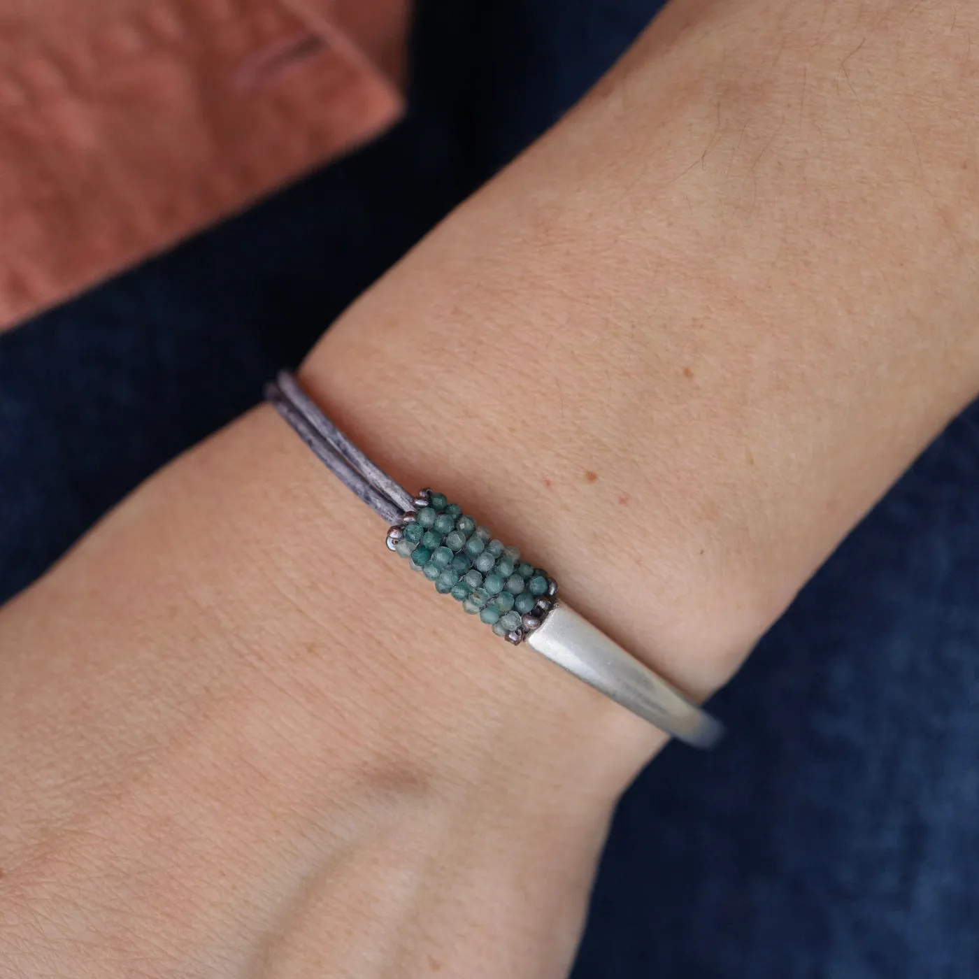 Hand Stitched Tiny Aquamarine with Tiny Grey Pearl