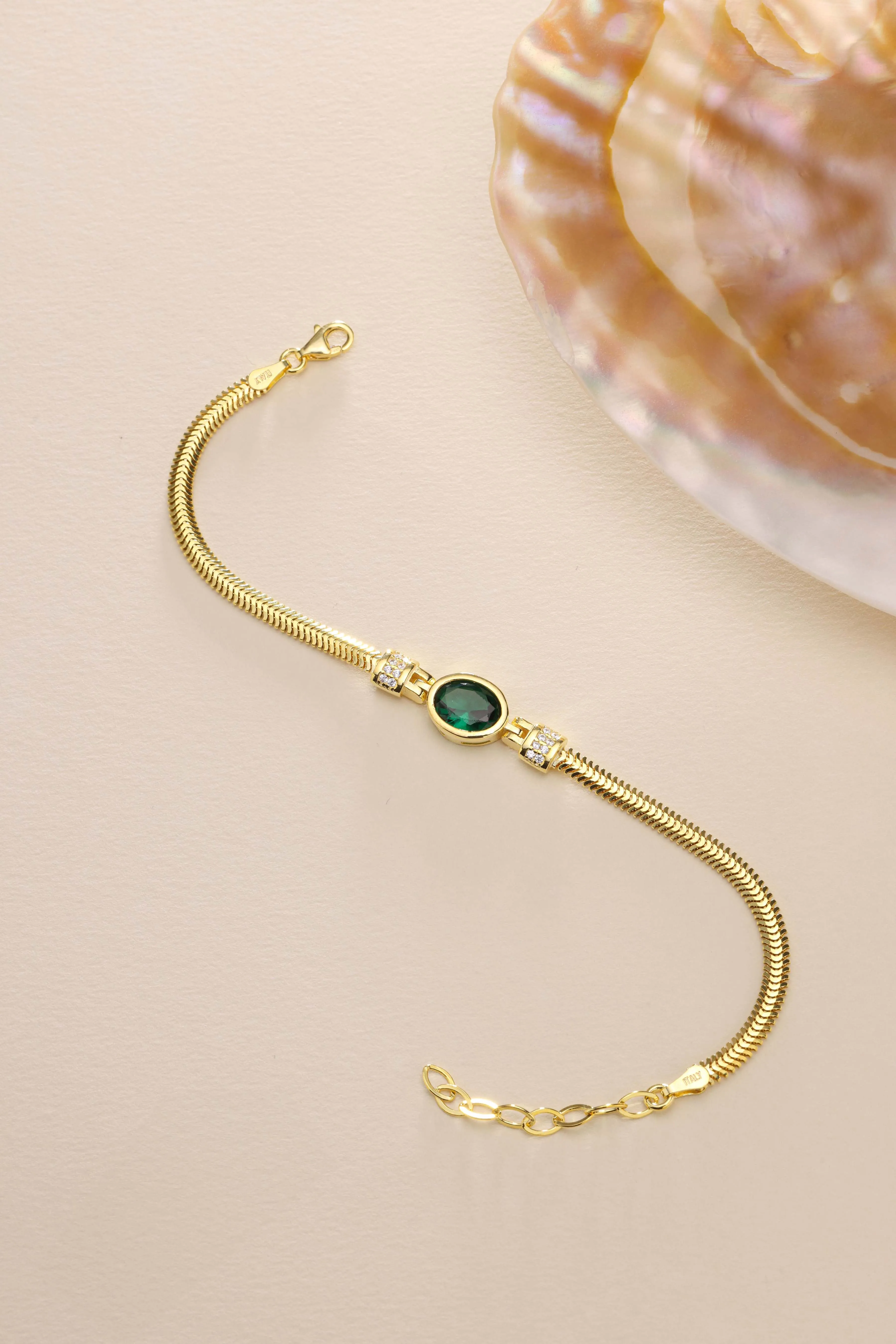Handmade Herringbone Sterling Silver Bracelet with Emerald Stone