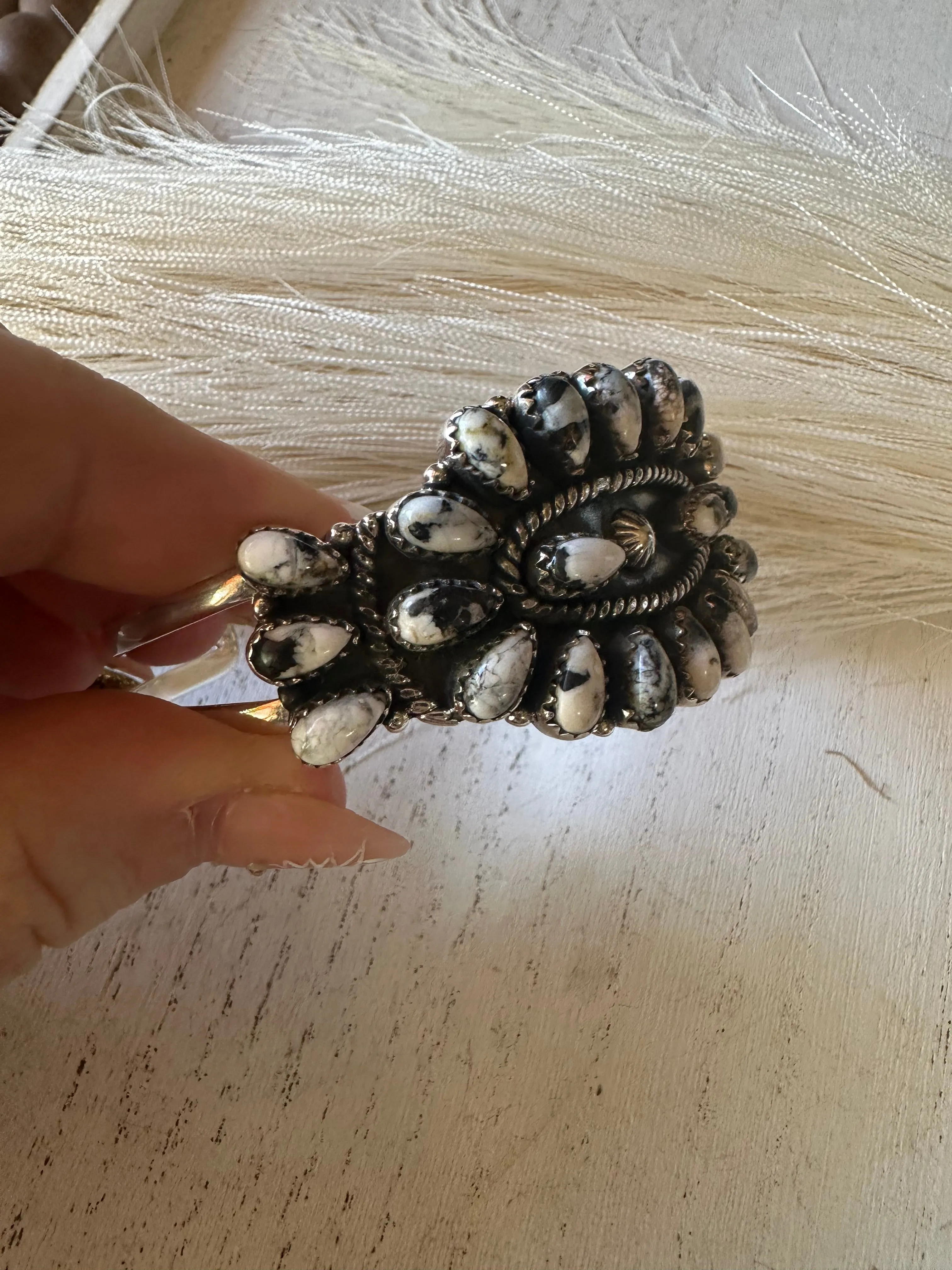 Handmade Sterling Silver & White Buffalo Cluster Cuff Bracelet Signed Nizhoni