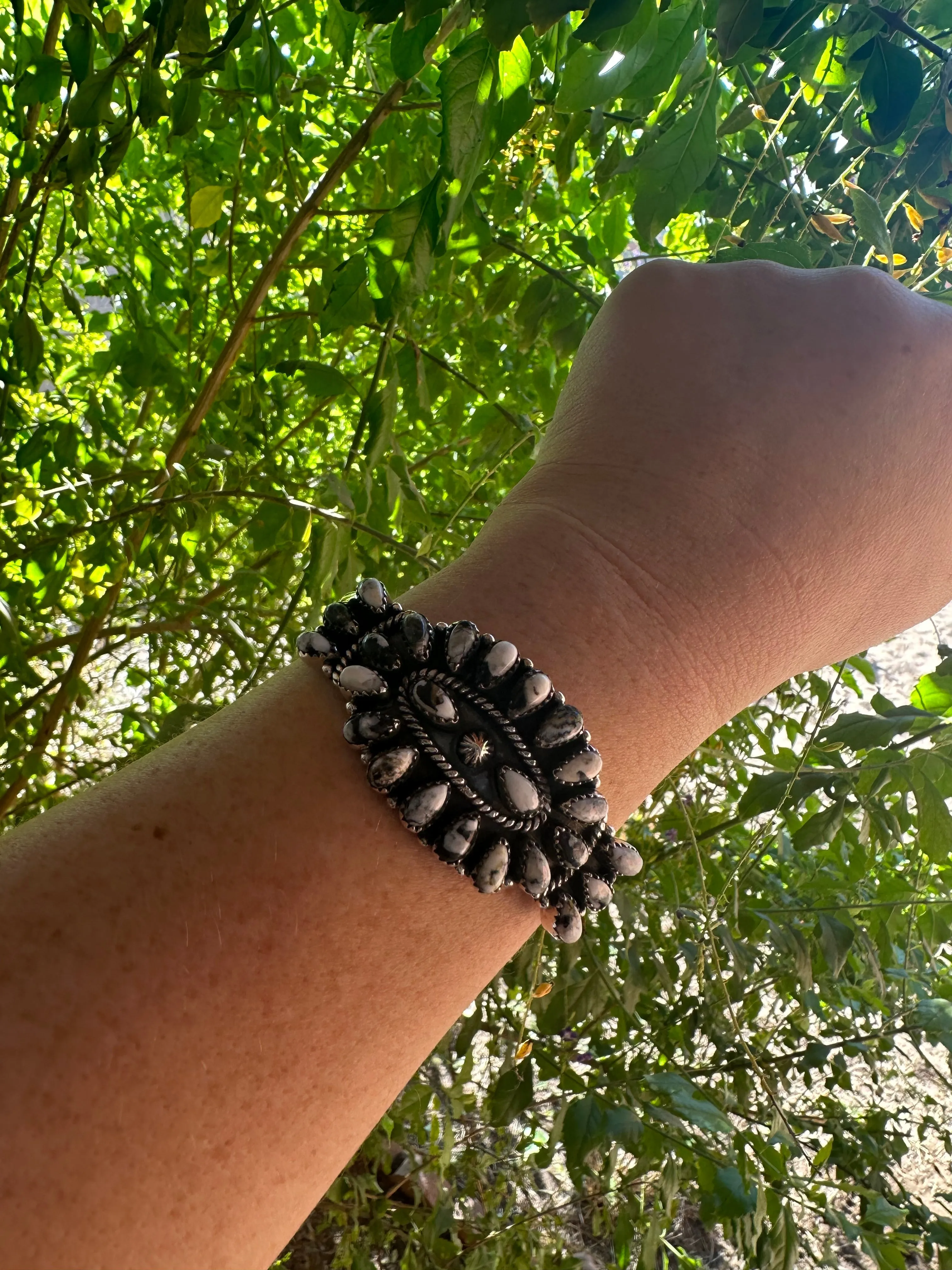 Handmade Sterling Silver & White Buffalo Cluster Cuff Bracelet Signed Nizhoni