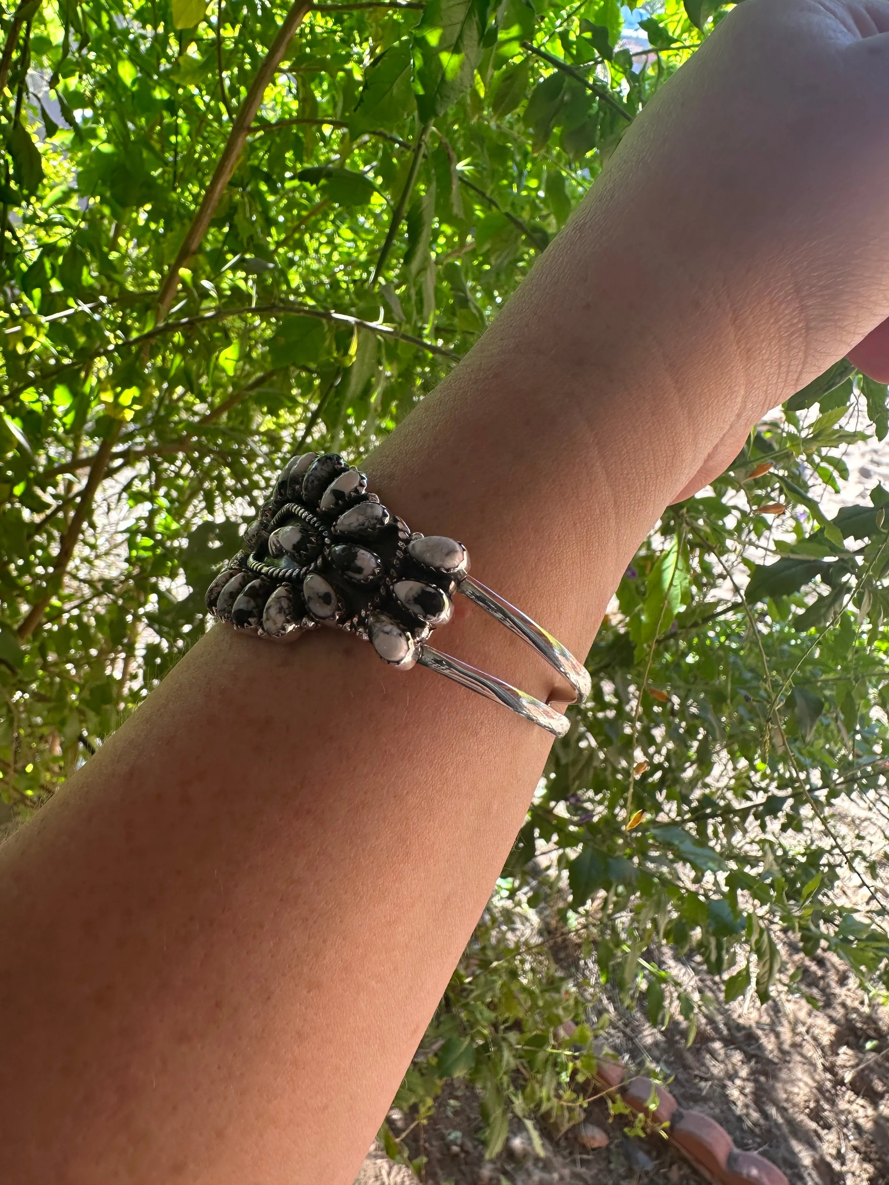 Handmade Sterling Silver & White Buffalo Cluster Cuff Bracelet Signed Nizhoni
