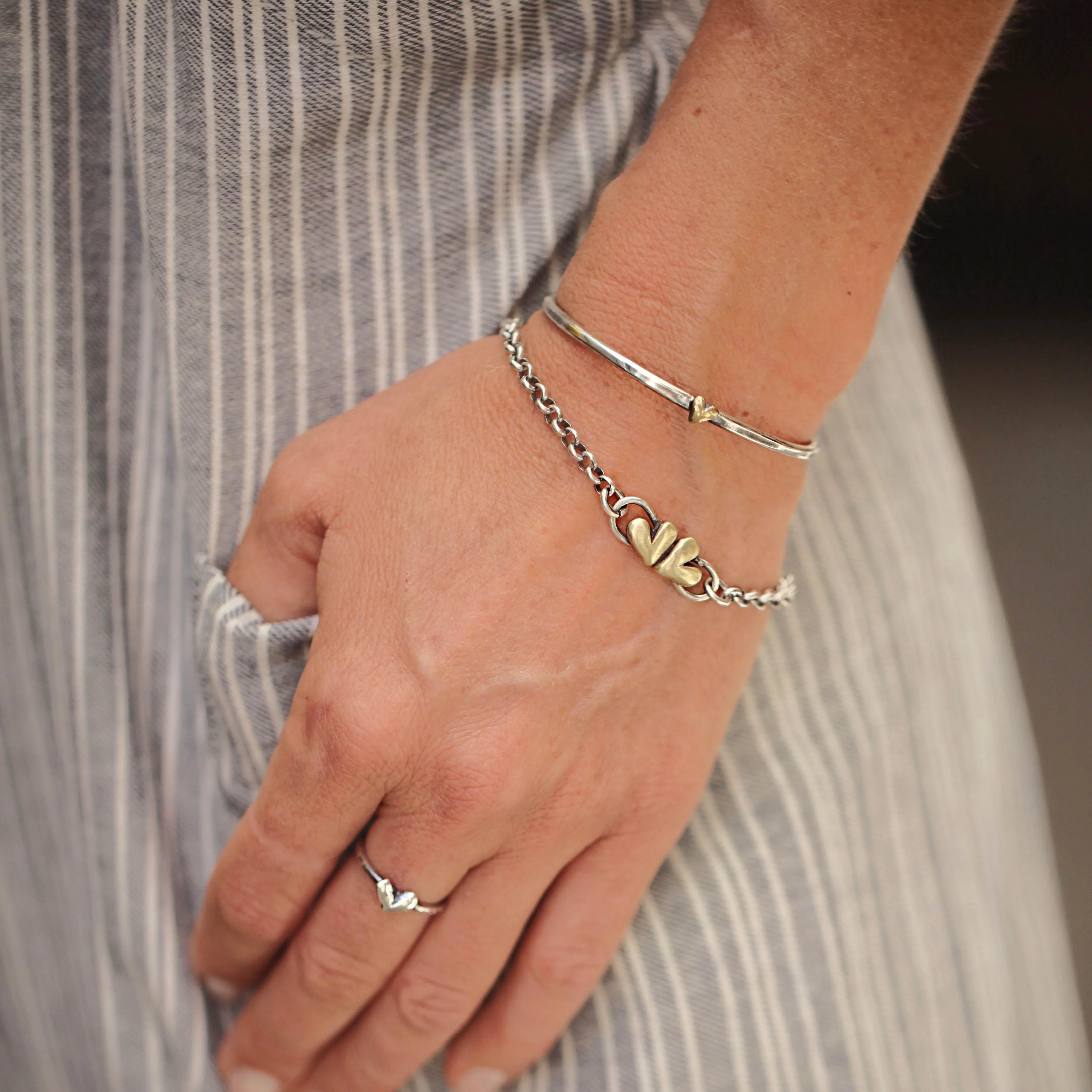 Heart Stacking Cuff bracelet sterling silver and golden bronze