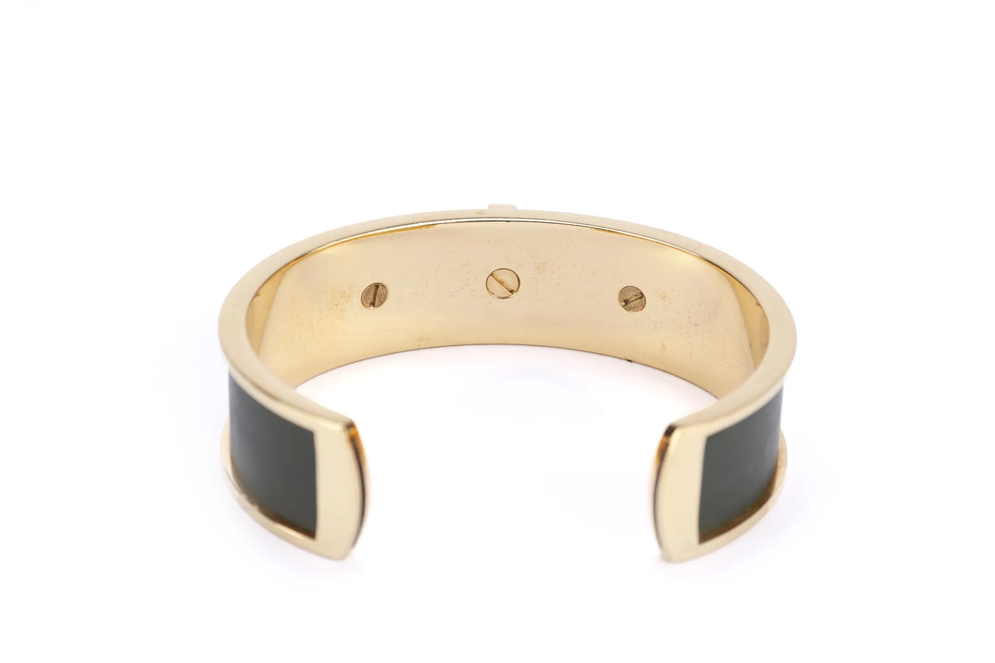 Hermes Vintage Kelly Cuff Gold Plated Bracelet with Dark Green Leather Trim, no Dust Cover & Box
