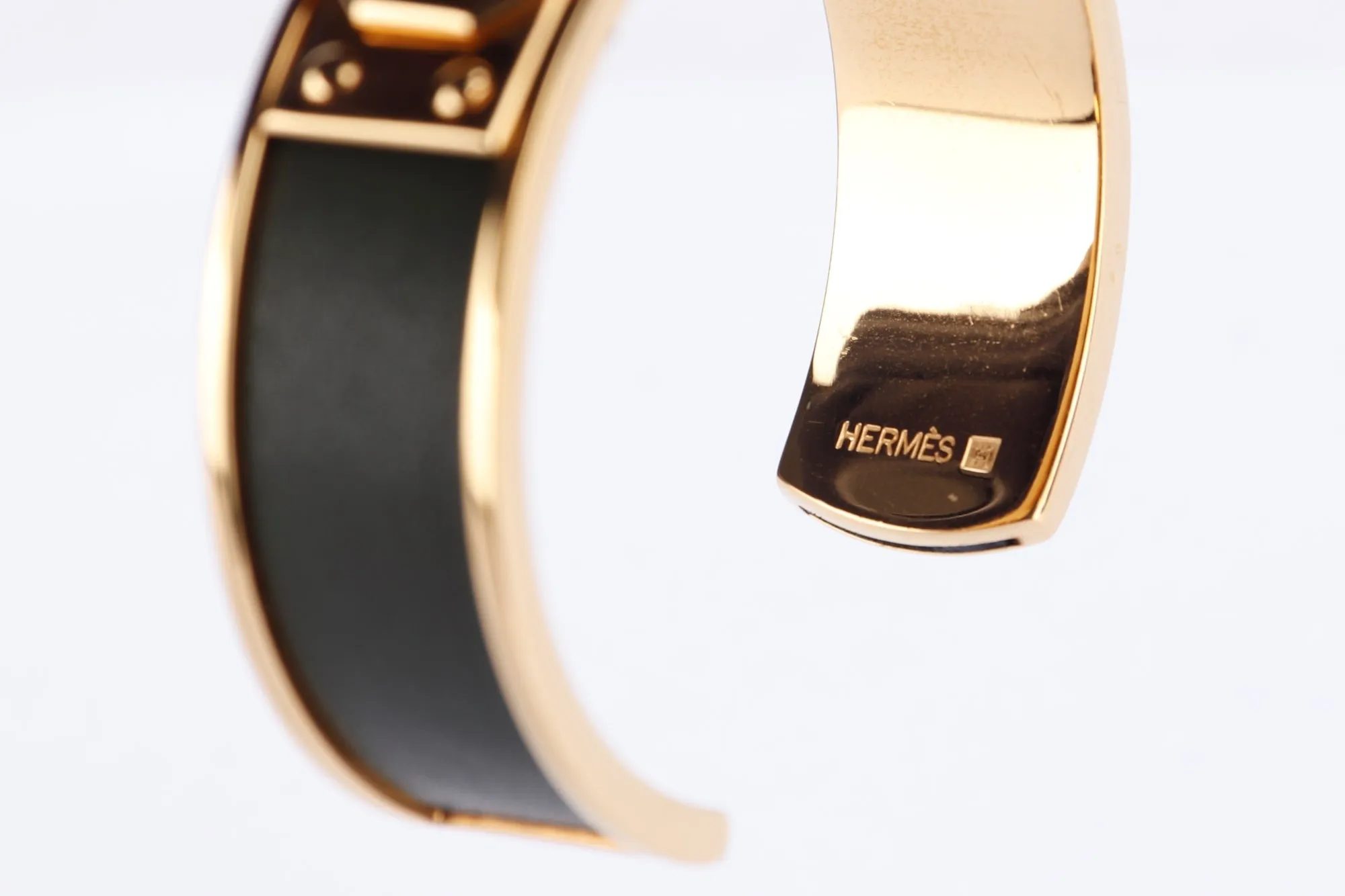 Hermes Vintage Kelly Cuff Gold Plated Bracelet with Dark Green Leather Trim, no Dust Cover & Box
