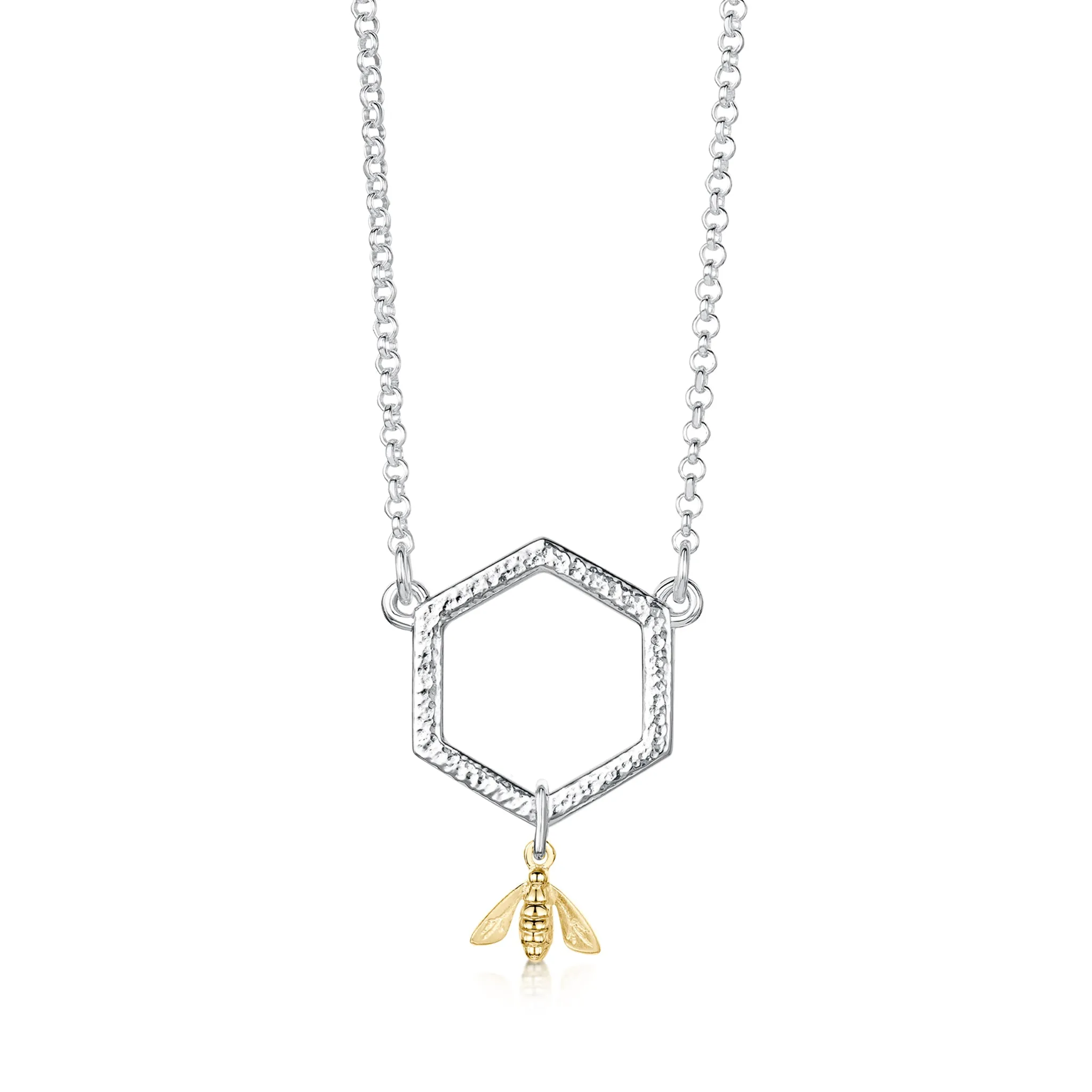 Honeycomb Silver Small Necklace with 9ct Yellow Gold Bee