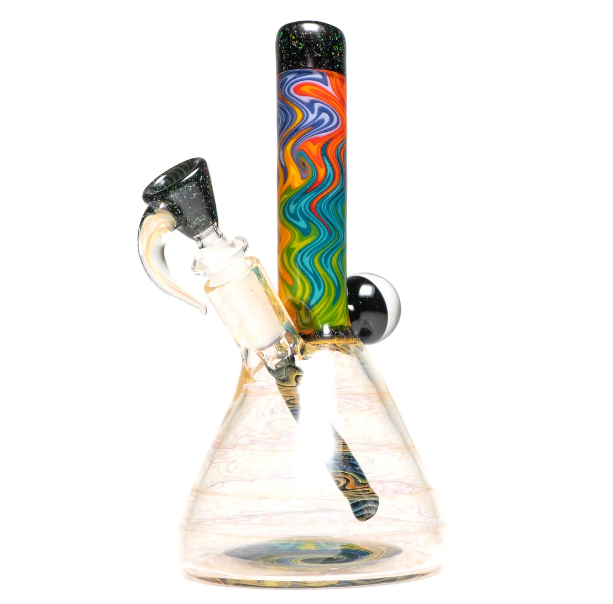 Jakers Glass - Worked Mini Beaker - Crushed Opal & Rainbow Linework