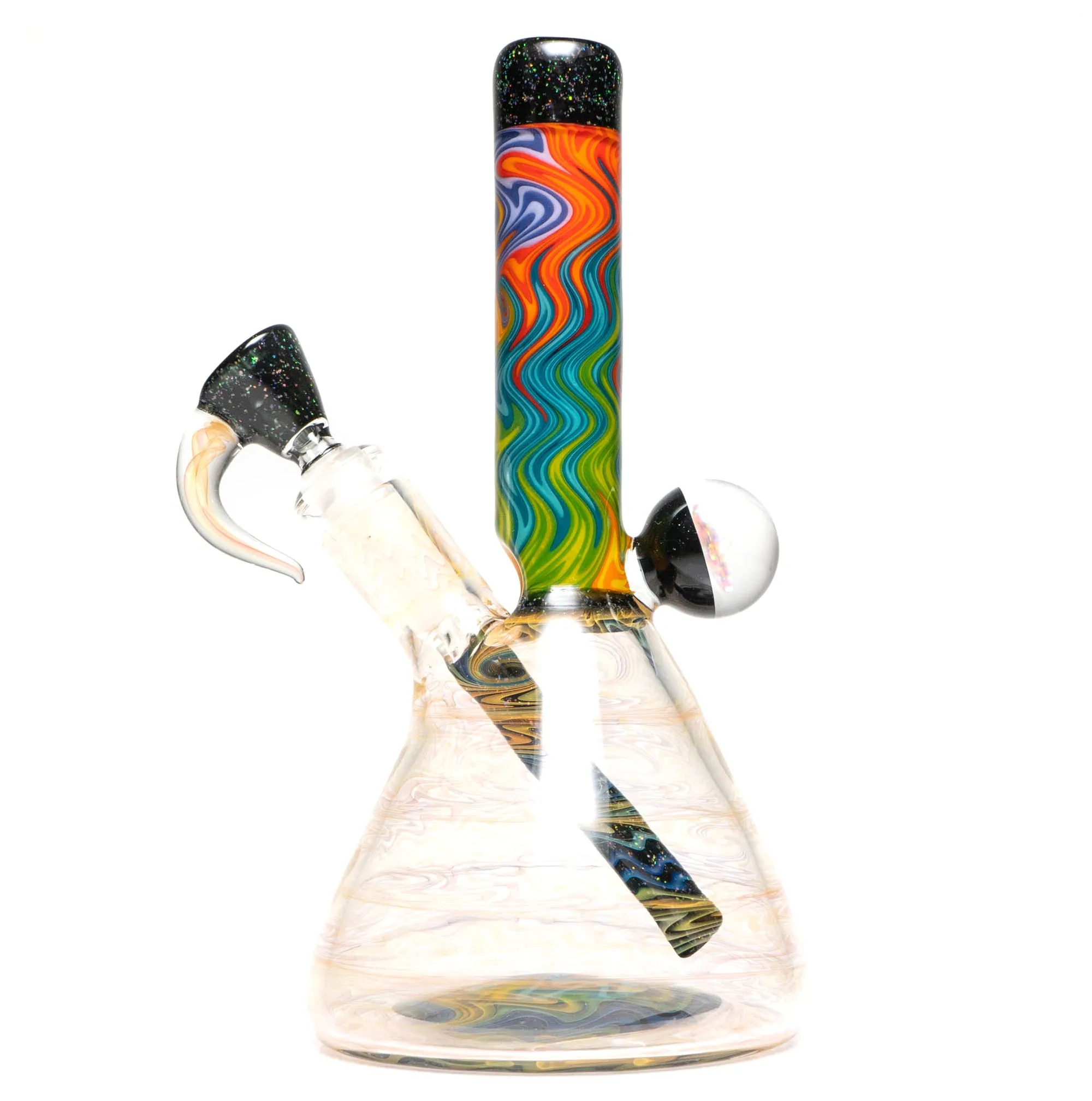 Jakers Glass - Worked Mini Beaker - Crushed Opal & Rainbow Linework