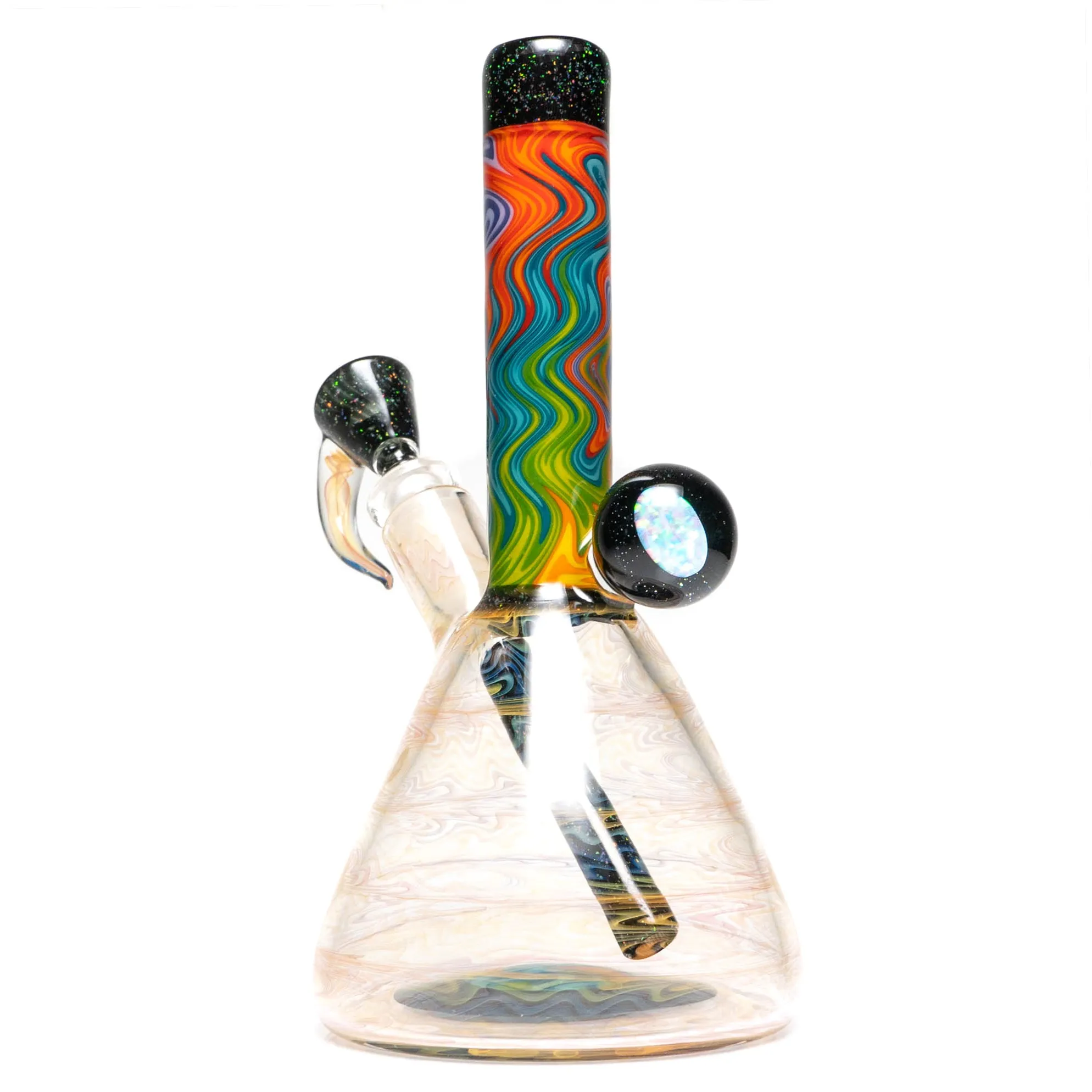Jakers Glass - Worked Mini Beaker - Crushed Opal & Rainbow Linework