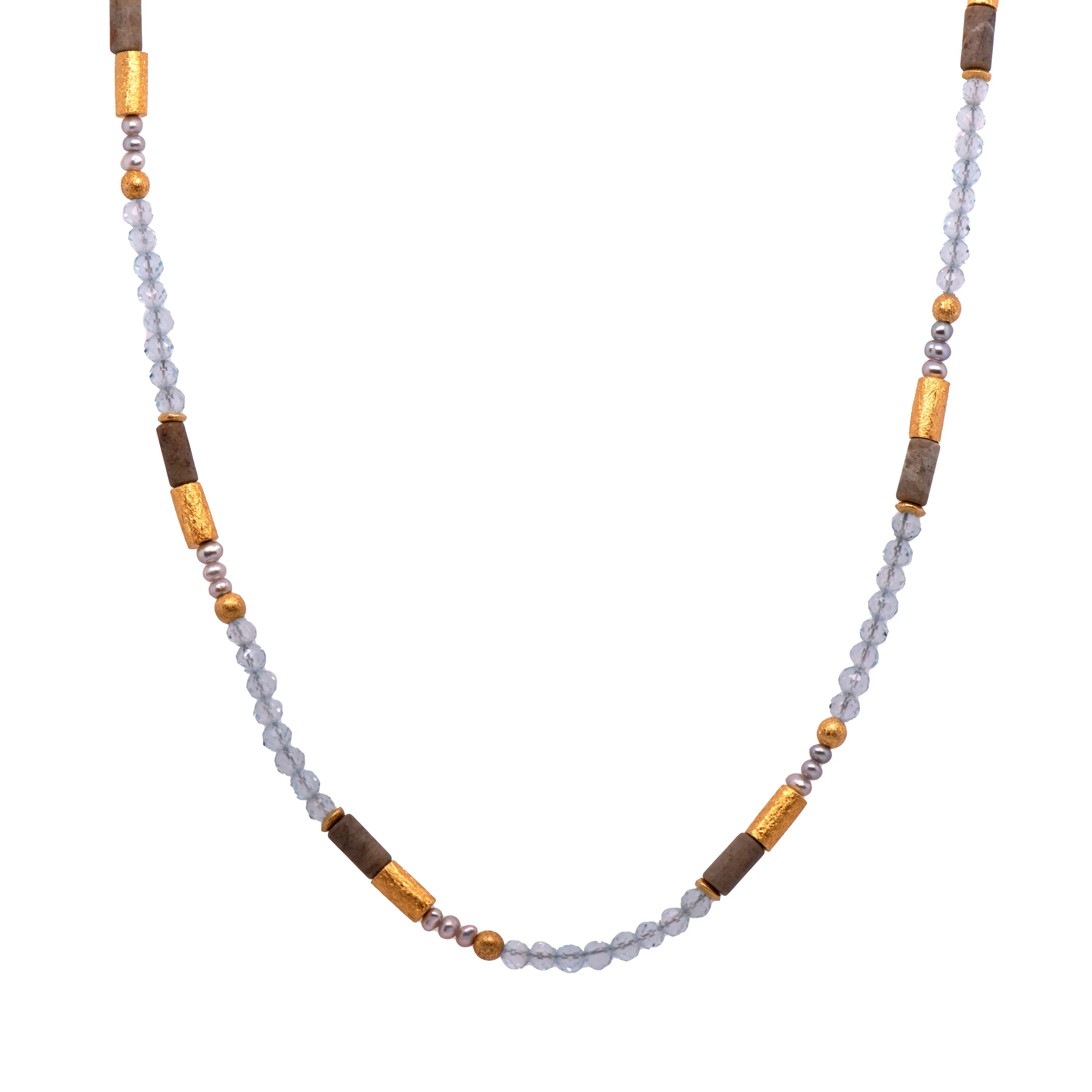 Jasper, Blue Topaz and Grey Pearls 3mm Necklace 24K Fair Trade Gold Vermeil
