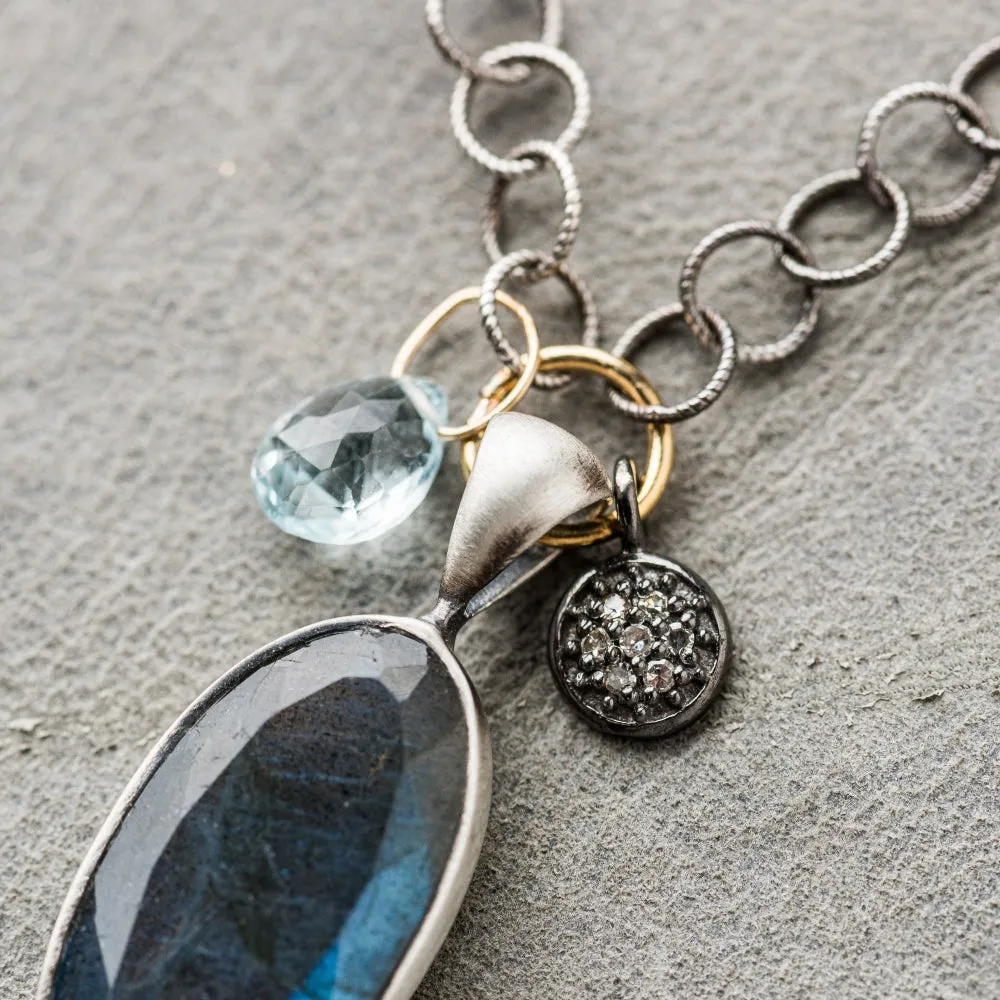 Labradorite Oval Necklace with Swiss Blue Topaz and Diamond Disc