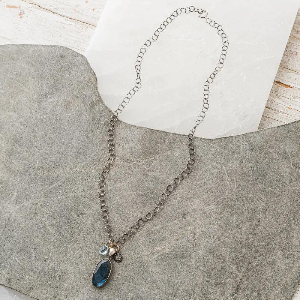 Labradorite Oval Necklace with Swiss Blue Topaz and Diamond Disc