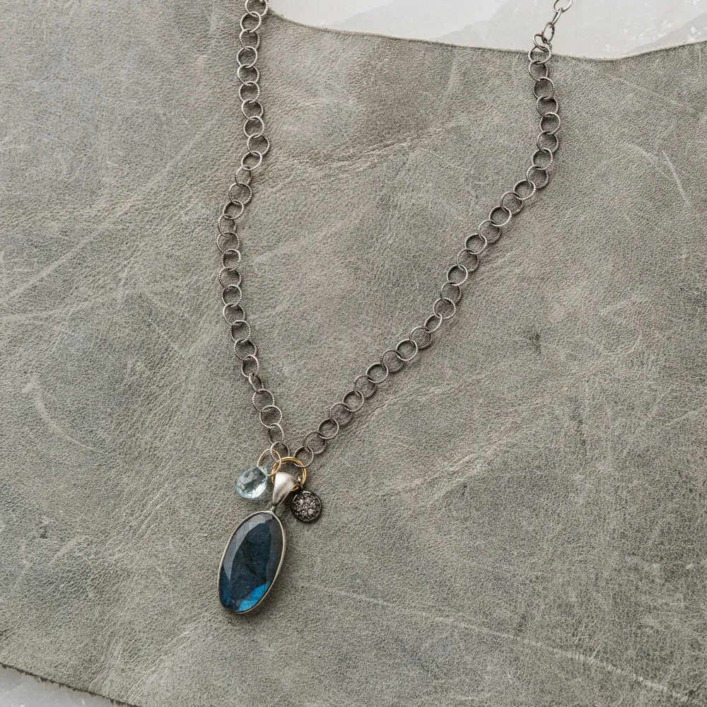 Labradorite Oval Necklace with Swiss Blue Topaz and Diamond Disc