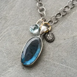 Labradorite Oval Necklace with Swiss Blue Topaz and Diamond Disc