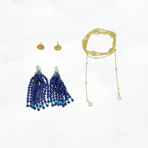 Lapis Lotus Tassels Lariat Necklace and Earrings Set