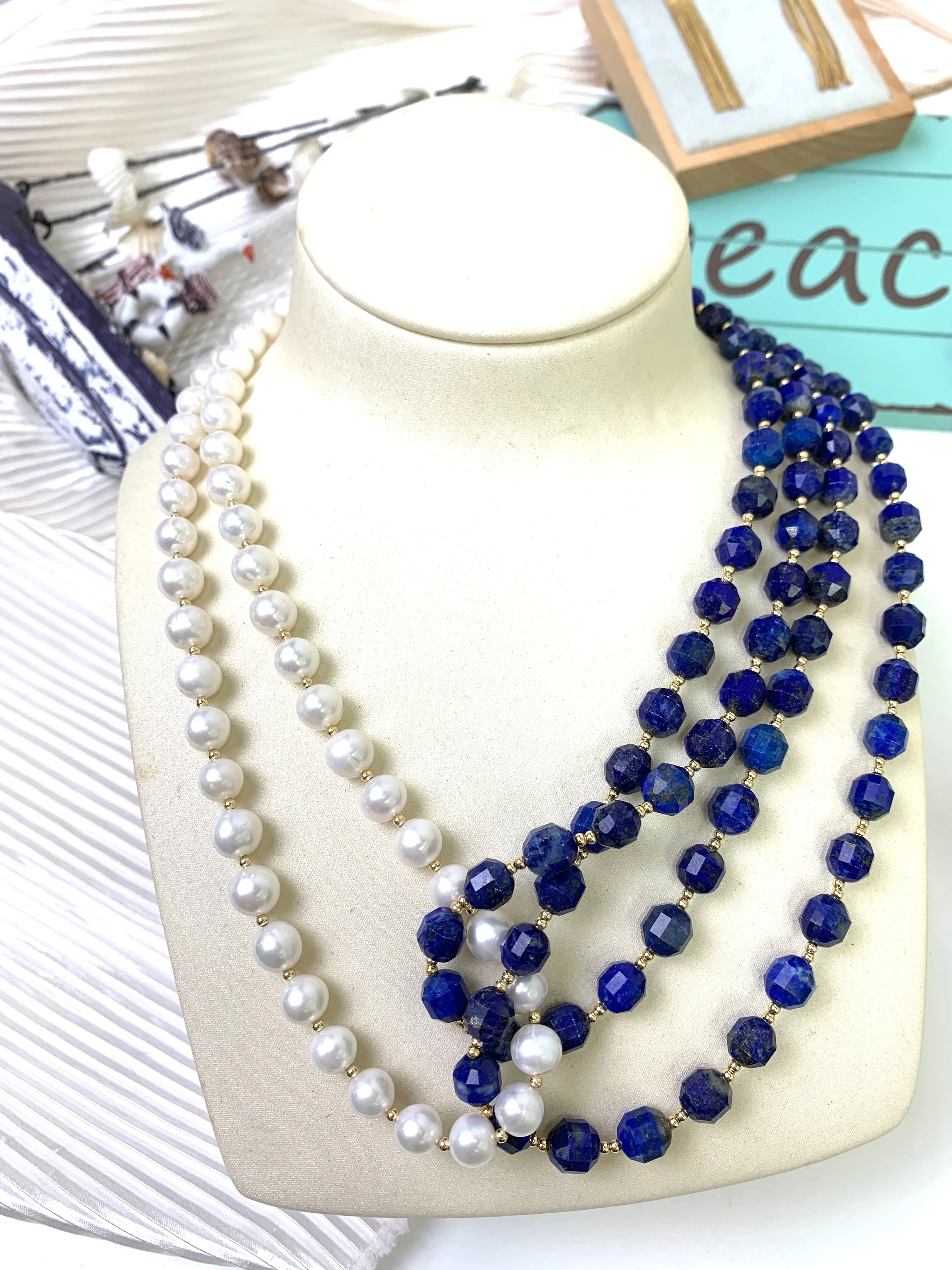 Lapis With Freshwater Pearls Multi Layers Necklace EN014