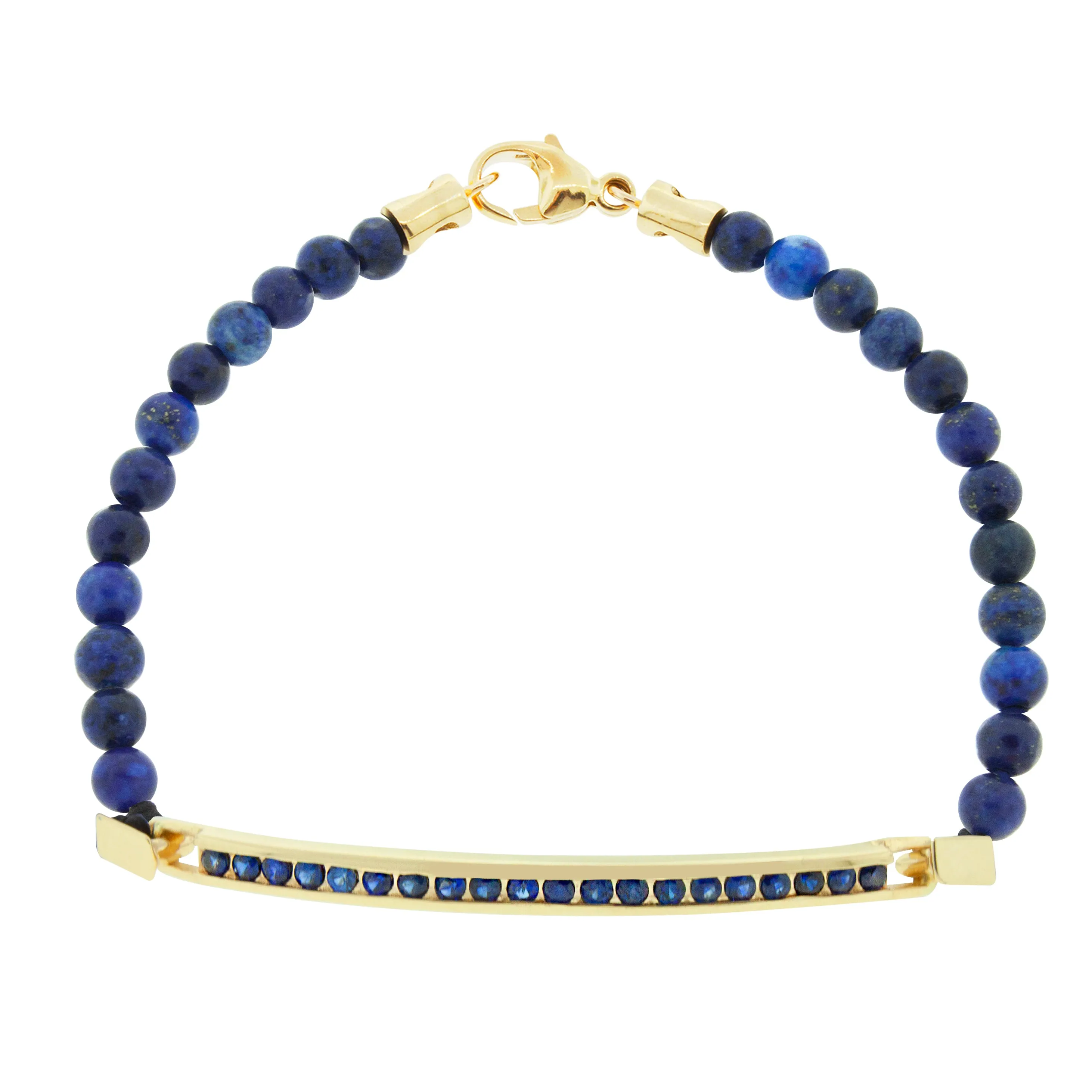 Large ID Bar With Round Sapphires on Lapis Beaded Bracelet