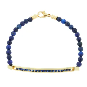 Large ID Bar With Round Sapphires on Lapis Beaded Bracelet