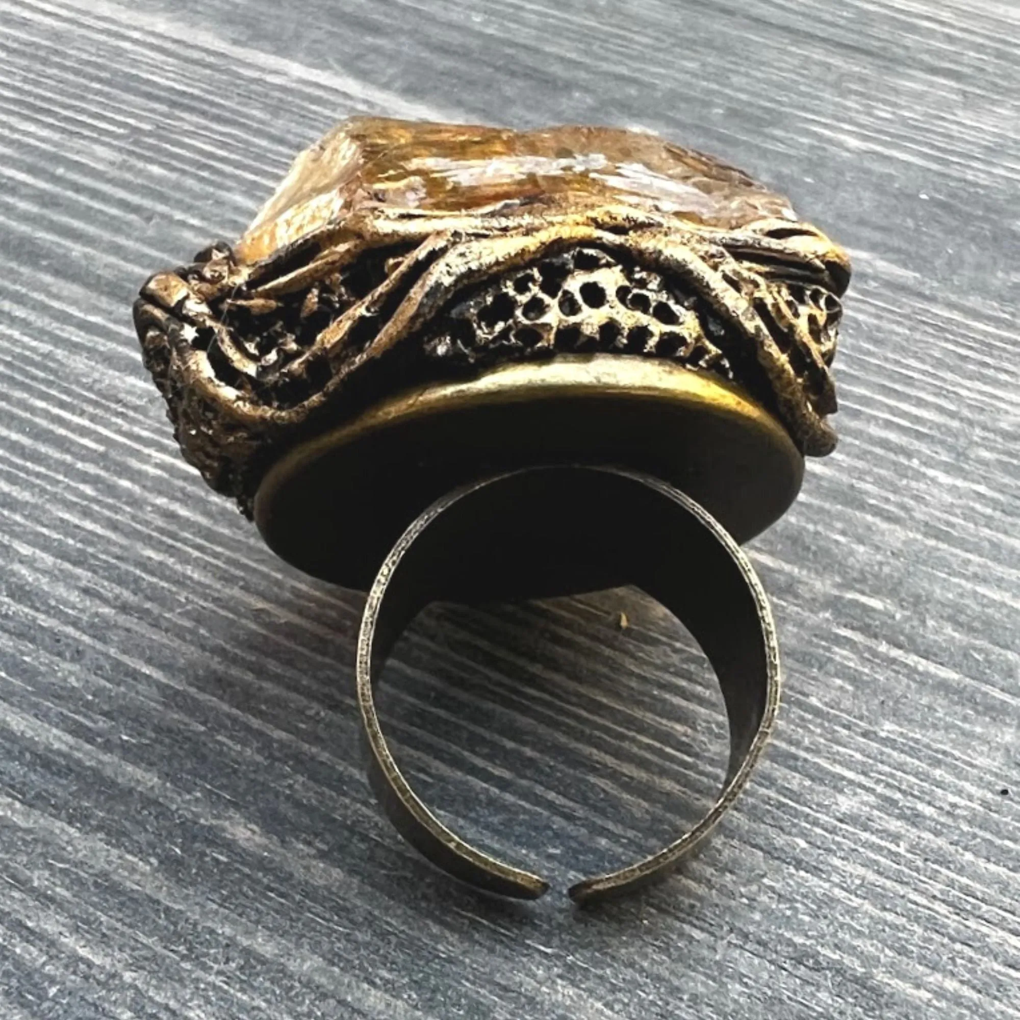 Large raw Citrine & Pyrite ring, big chunky stone ring, good luck ring