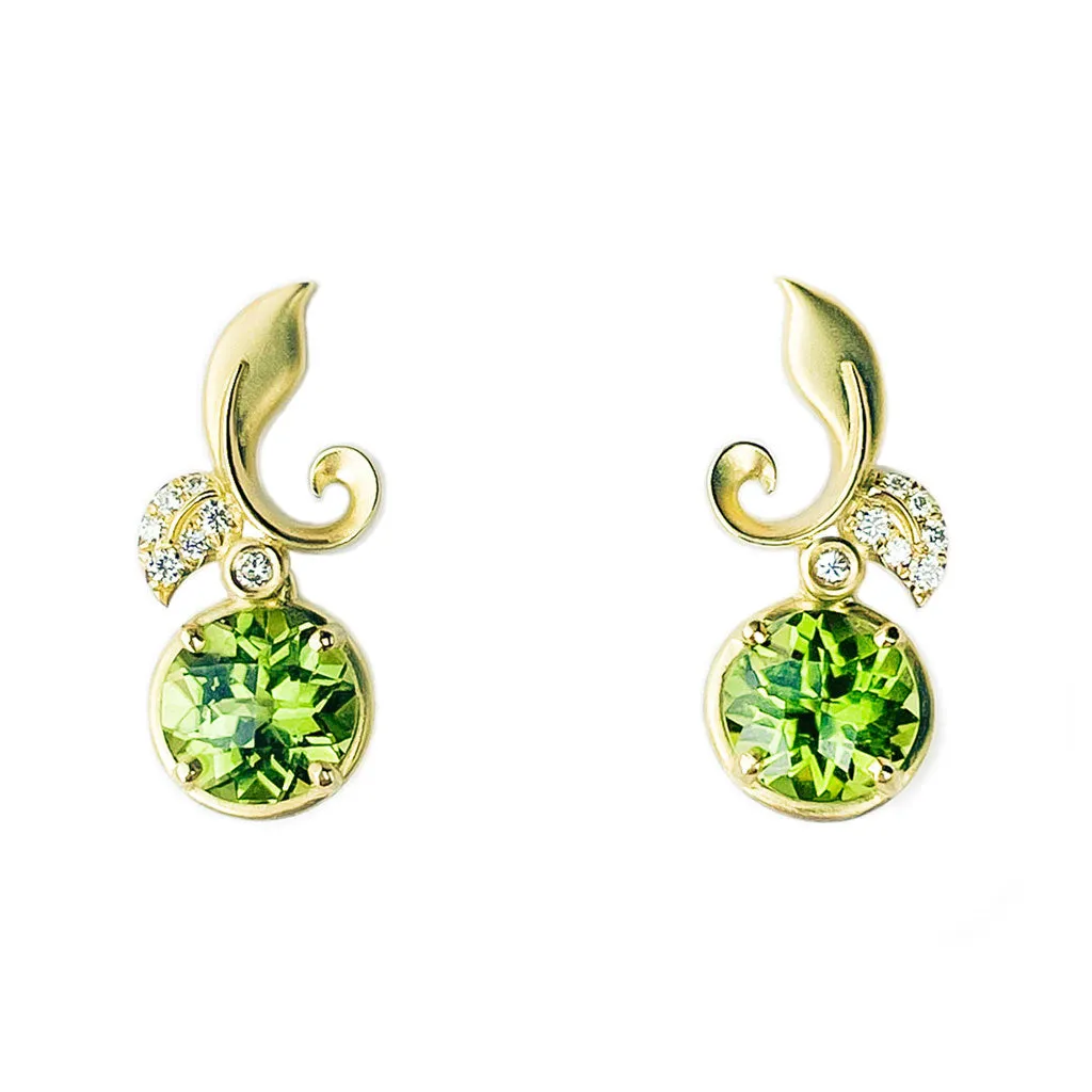 Leaf Yellow Gold, Peridot and Diamond Drop Earrings