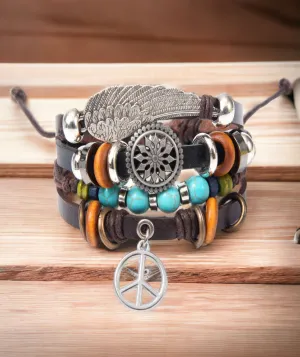Leather Wrap Bracelet For Men and Women Dangly Peace Draw String Size Adjustable