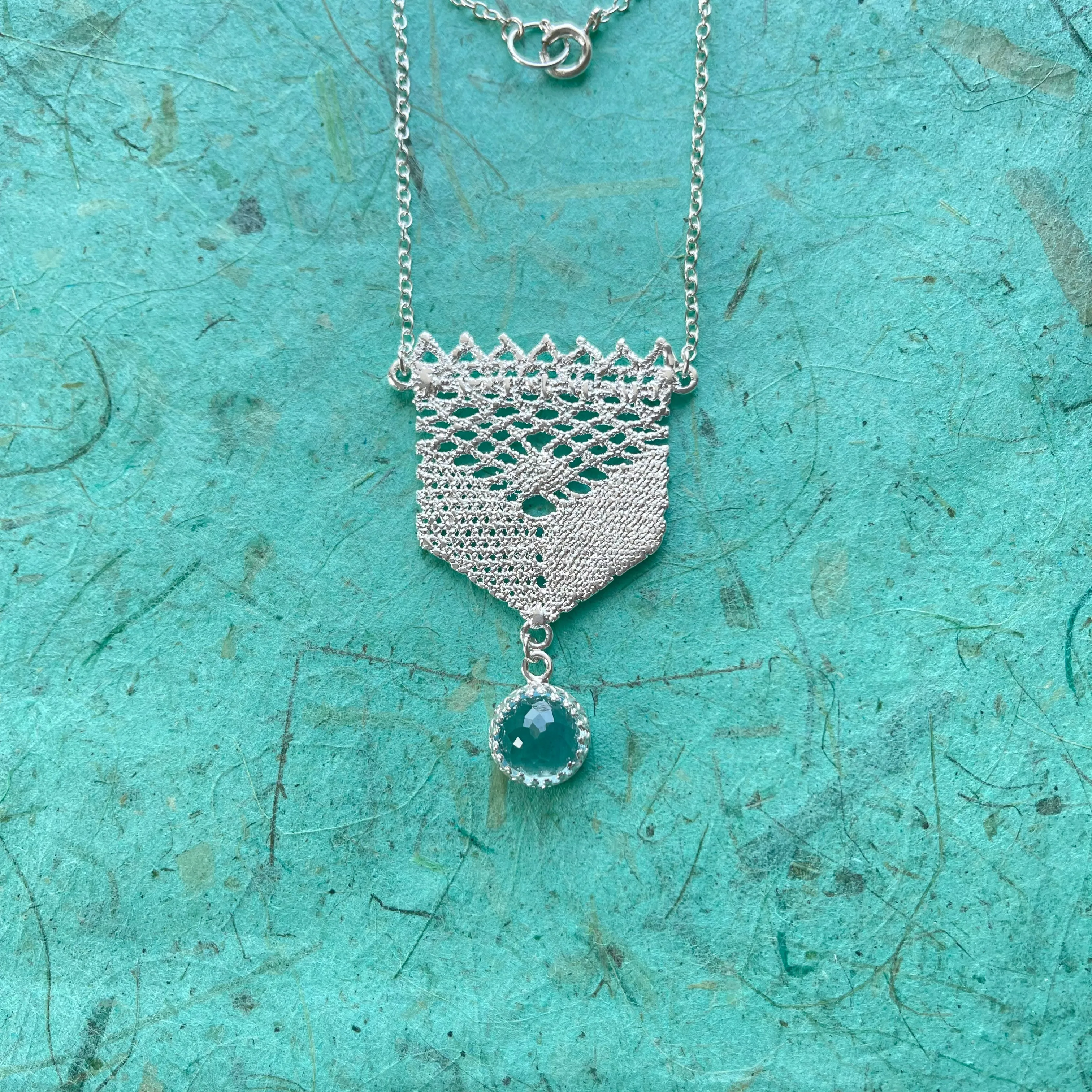 Marissa - Silver Lace Necklace with Aquamarine Stone