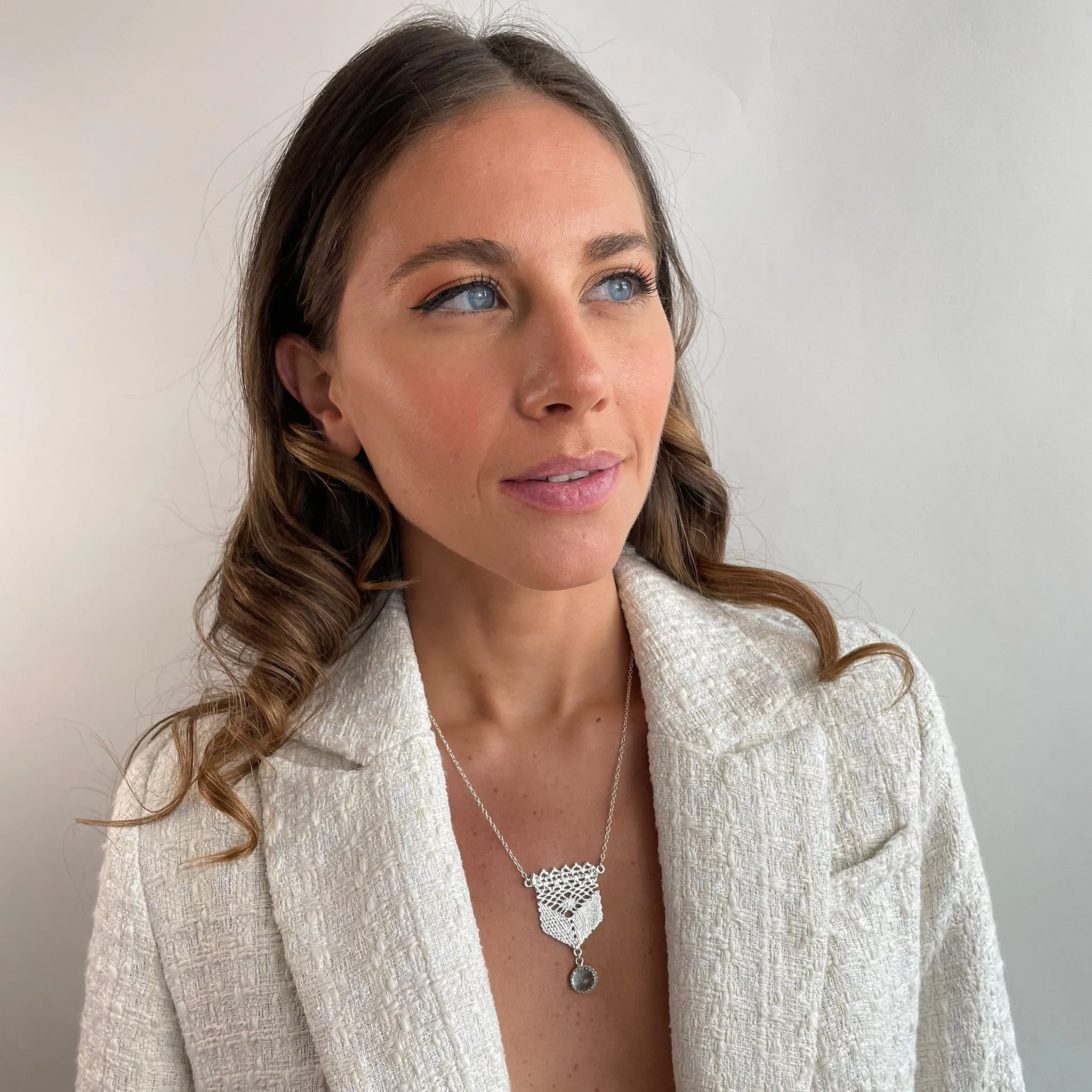 Marissa - Silver Lace Necklace with Aquamarine Stone