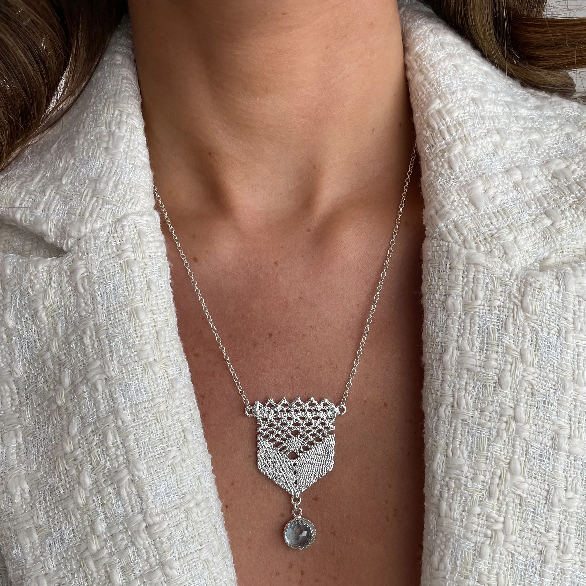 Marissa - Silver Lace Necklace with Aquamarine Stone