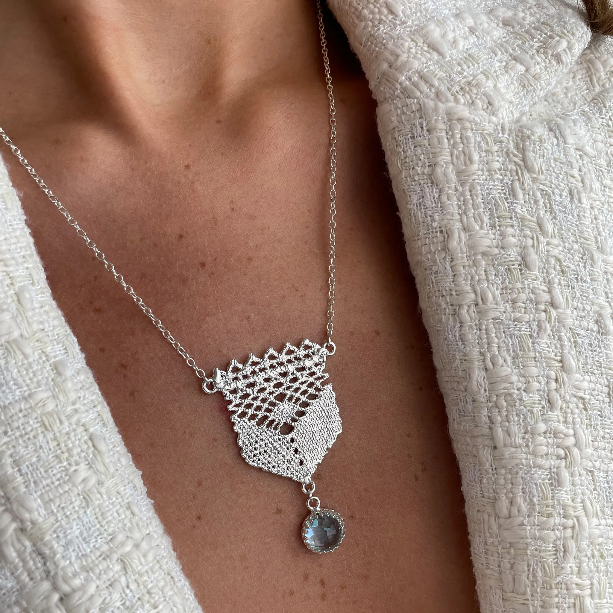 Marissa - Silver Lace Necklace with Aquamarine Stone