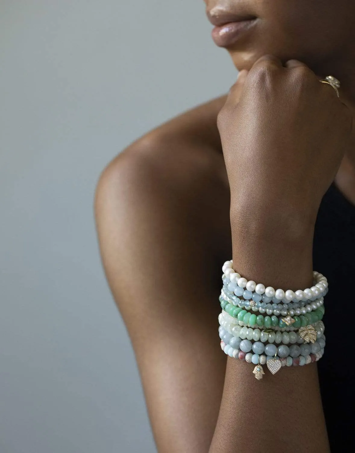 Mini Diamond Heart Aquamarine Bead Bracelet